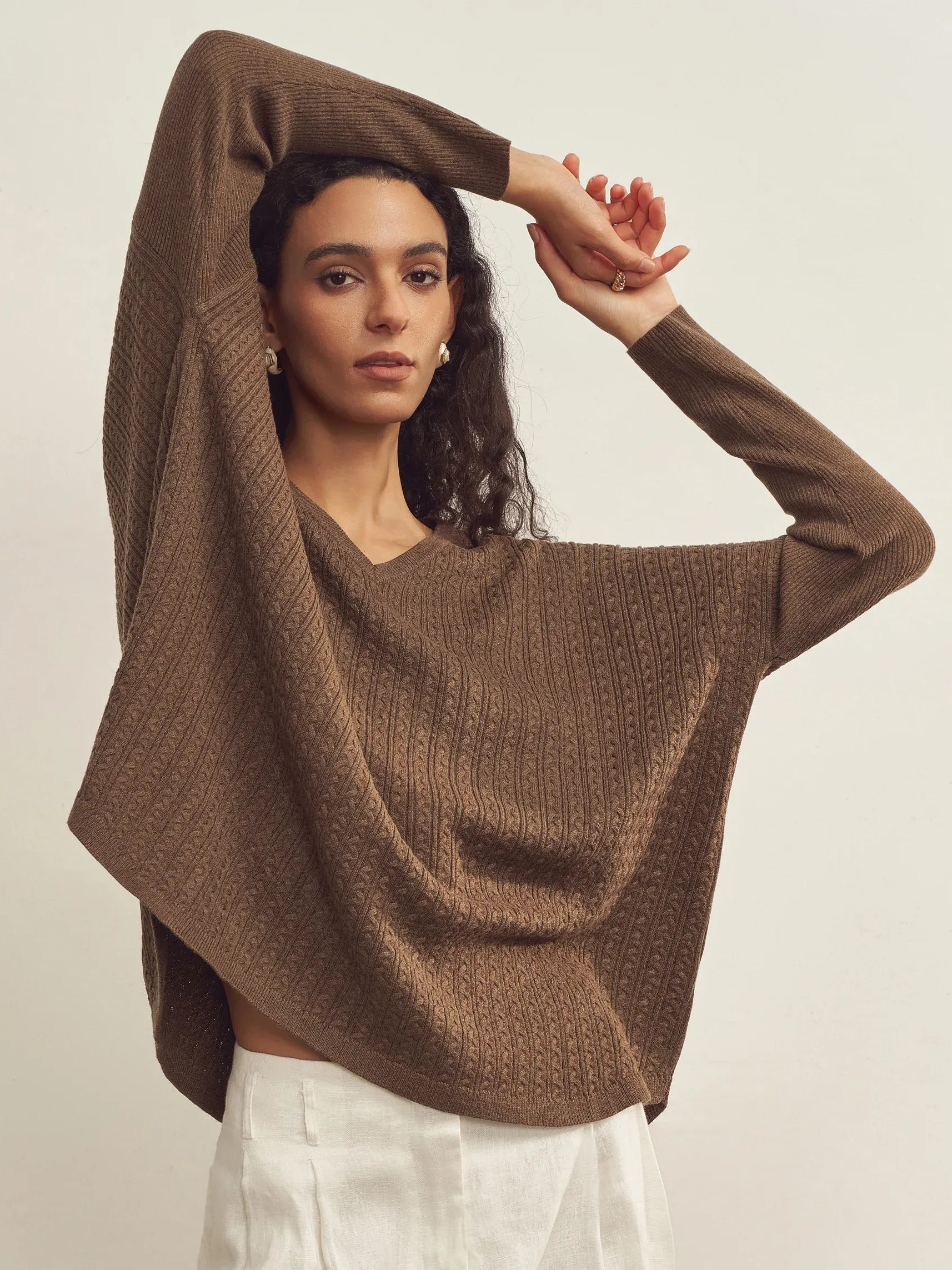 Cashmere V-Neck Textured Oversized Sweater With Asymmetrical Structural Design