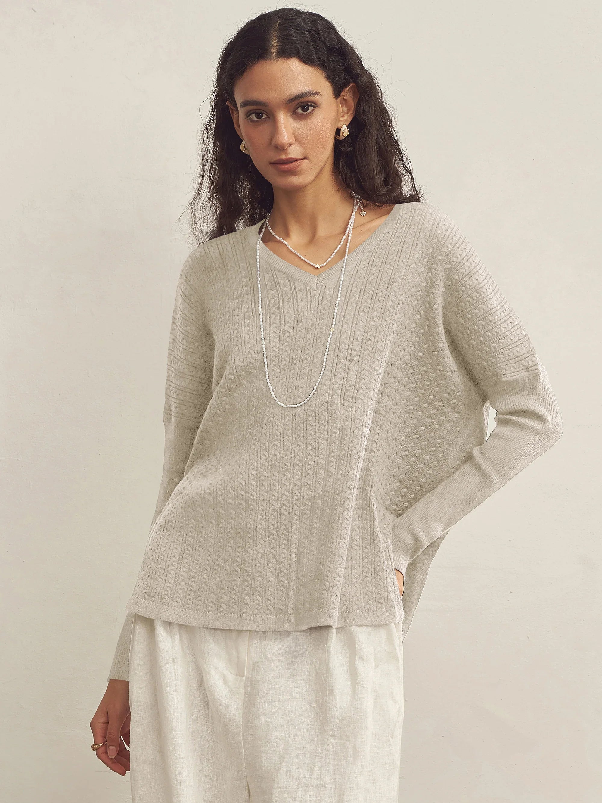 Cashmere V-Neck Textured Oversized Sweater With Asymmetrical Structural Design