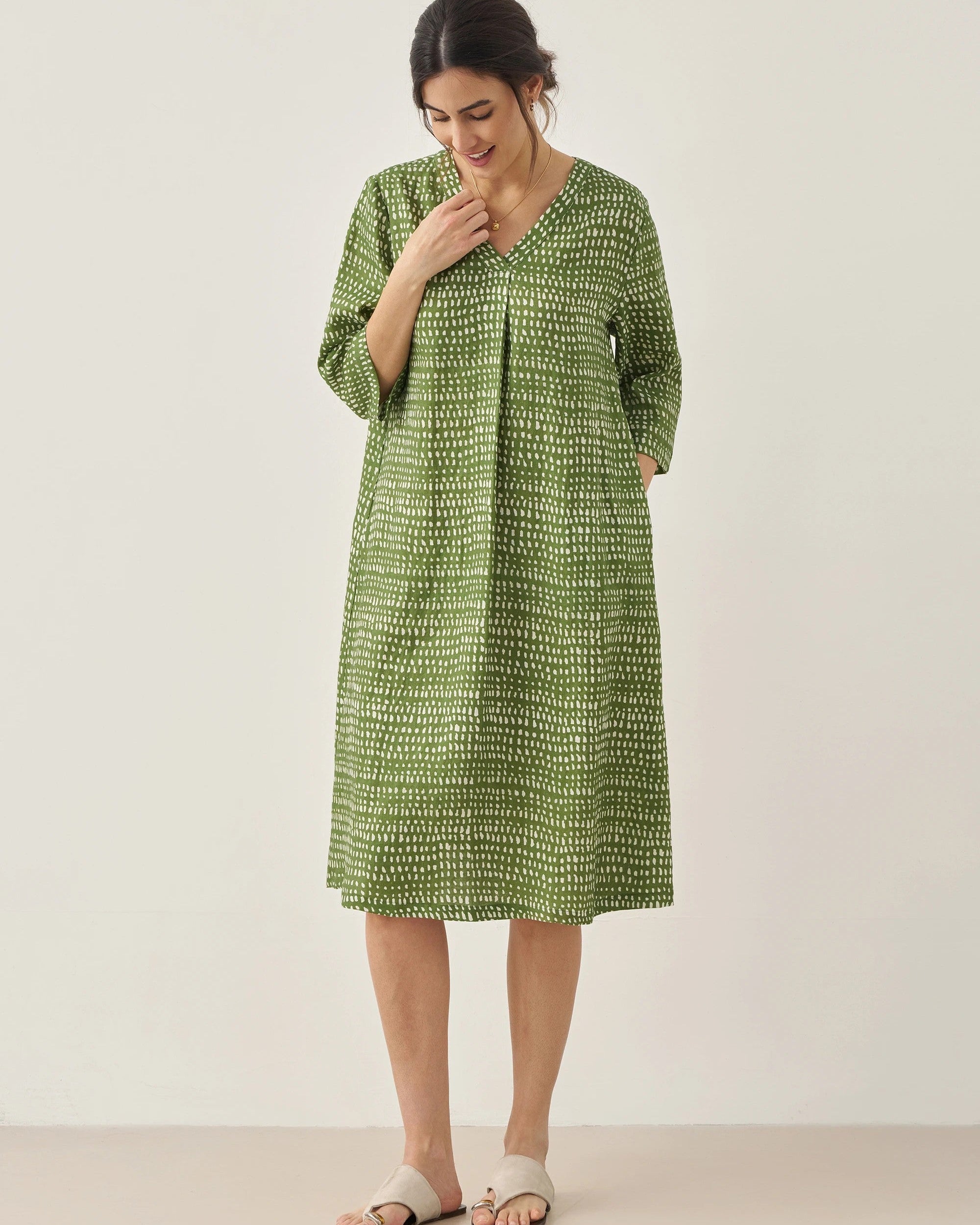 100% Linen V-Neck Polka Dot Midi Dress LIRA - DRESSES-Linen