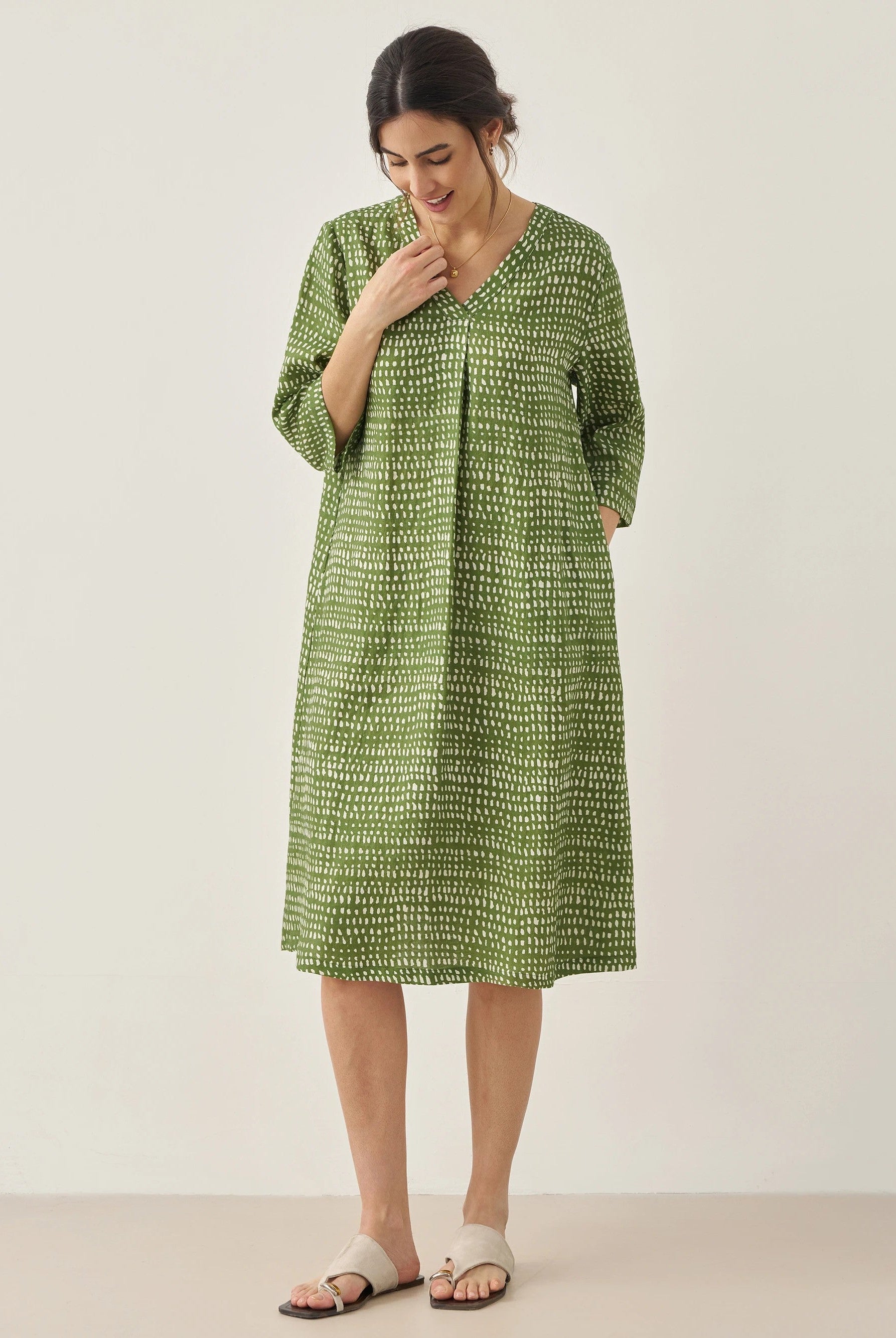 100% Linen V-Neck Polka Dot Midi Dress LIRA - DRESSES-Linen