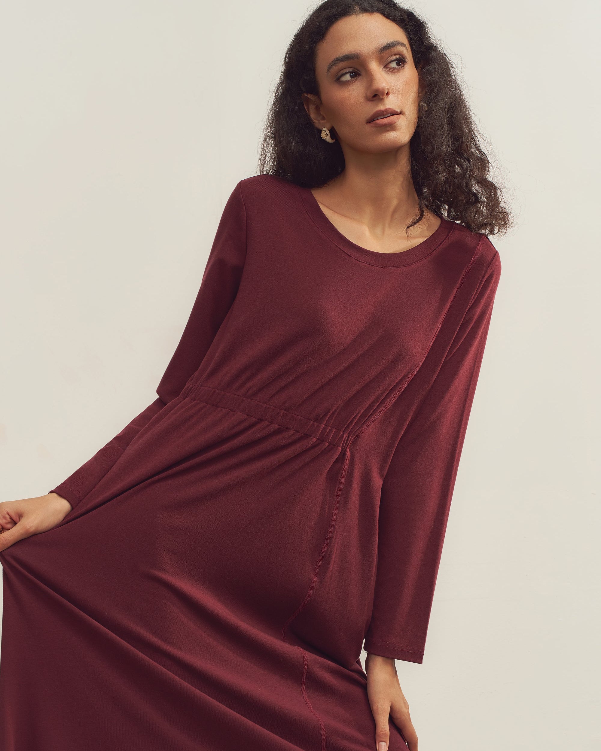 Merino Wool Waist Shirring-Detail Dress