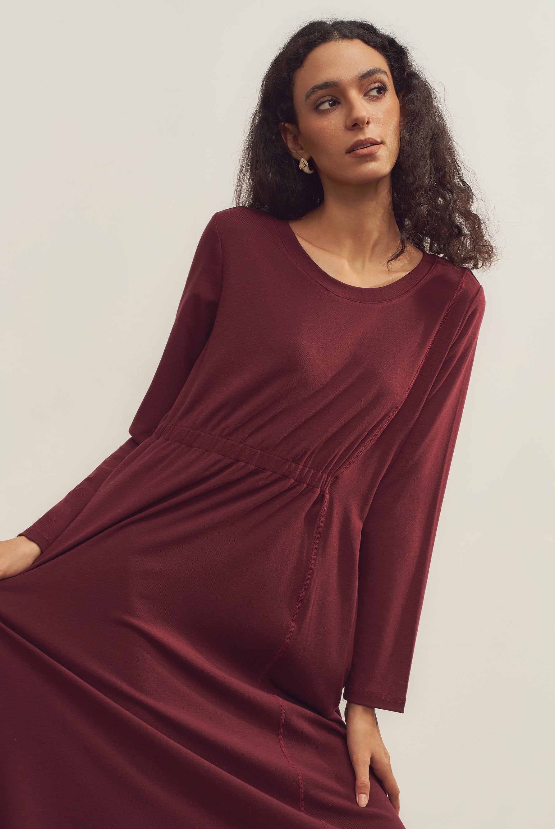Merino Wool Waist Shirring-Detail Dress