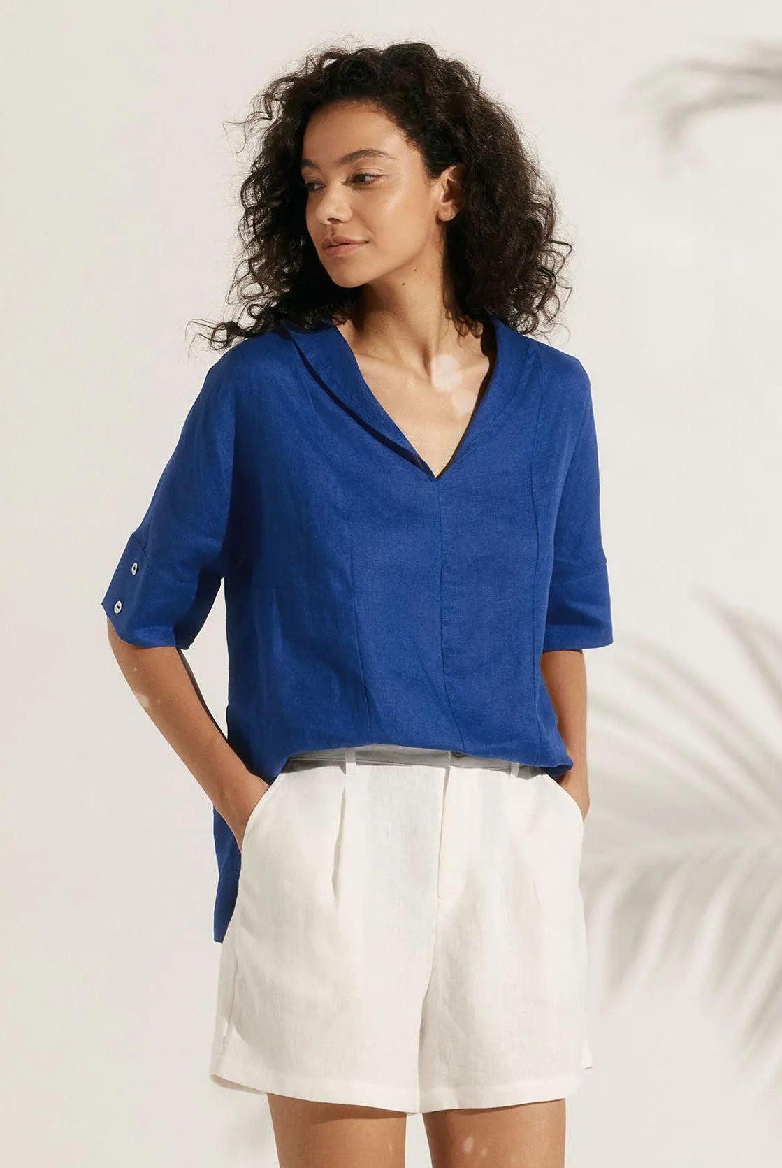 Linen V Neck Short Sleeve Shirt - Royal Blue / S - TOPS-Linen Blouses