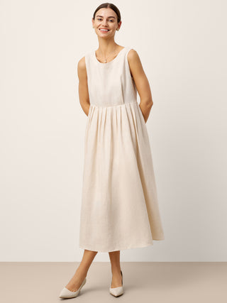 100% Linen Sleeveless Crew Neck Waist Pleated Maxi Dress SELENE