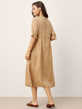 100% Linen Round Neck High Waist Ruffle Sleeve Maxi Dress ZEPHYRA by LINTICO for women