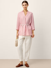 100% Linen Layered Lapel V-neck Sculpted Front Pleat Longline Top ODALYS by LINTICO for women