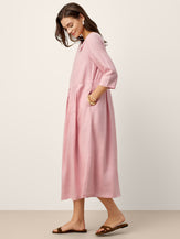 100% Linen Crescent Neck Decorative Button Waist Pleated Midi Dress GWENYTH by LINTICO for women