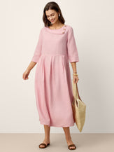 100% Linen Crescent Neck Decorative Button Waist Pleated Midi Dress GWENYTH by LINTICO for women