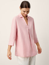100% Linen Layered Lapel V-neck Sculpted Front Pleat Longline Top ODALYS by LINTICO for women