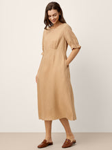 100% Linen Round Neck High Waist Ruffle Sleeve Maxi Dress ZEPHYRA by LINTICO for women