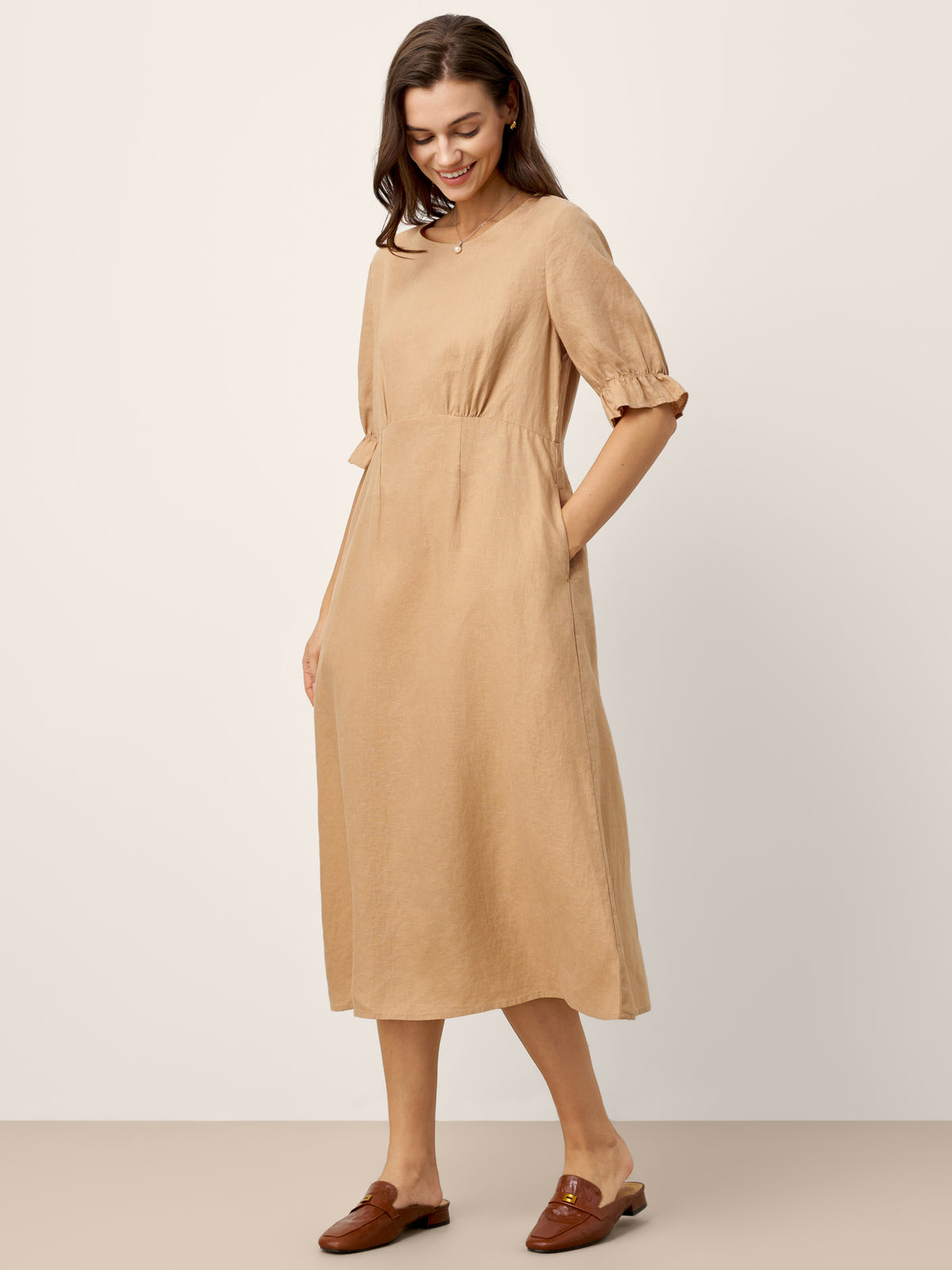 100% Linen Round Neck High Waist Ruffle Sleeve Maxi Dress ZEPHYRA by LINTICO for women