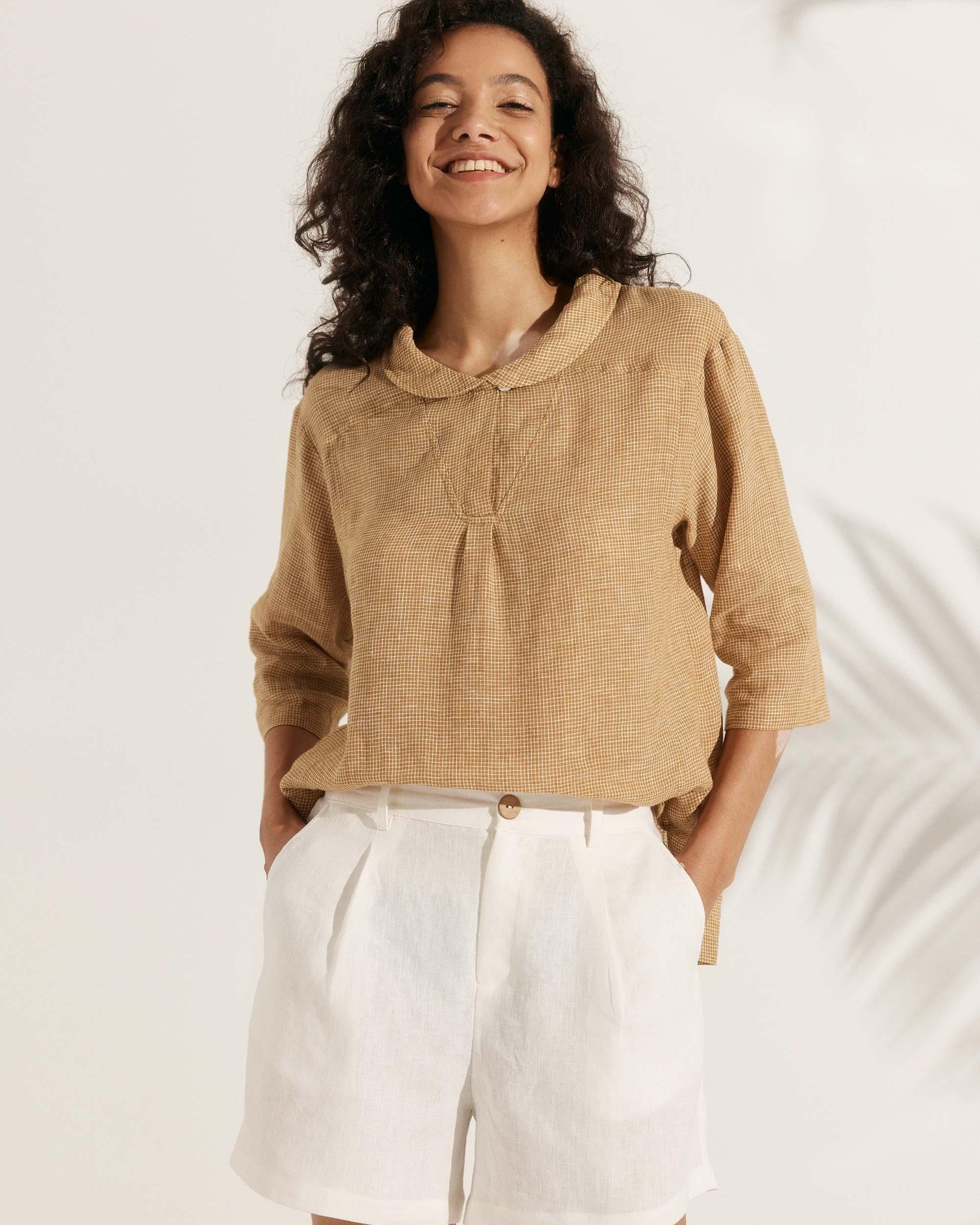 JADE 100% Linen Shawl V-Neck Half Sleeve Top - Sand / XS - TOPS-Linen Blouses