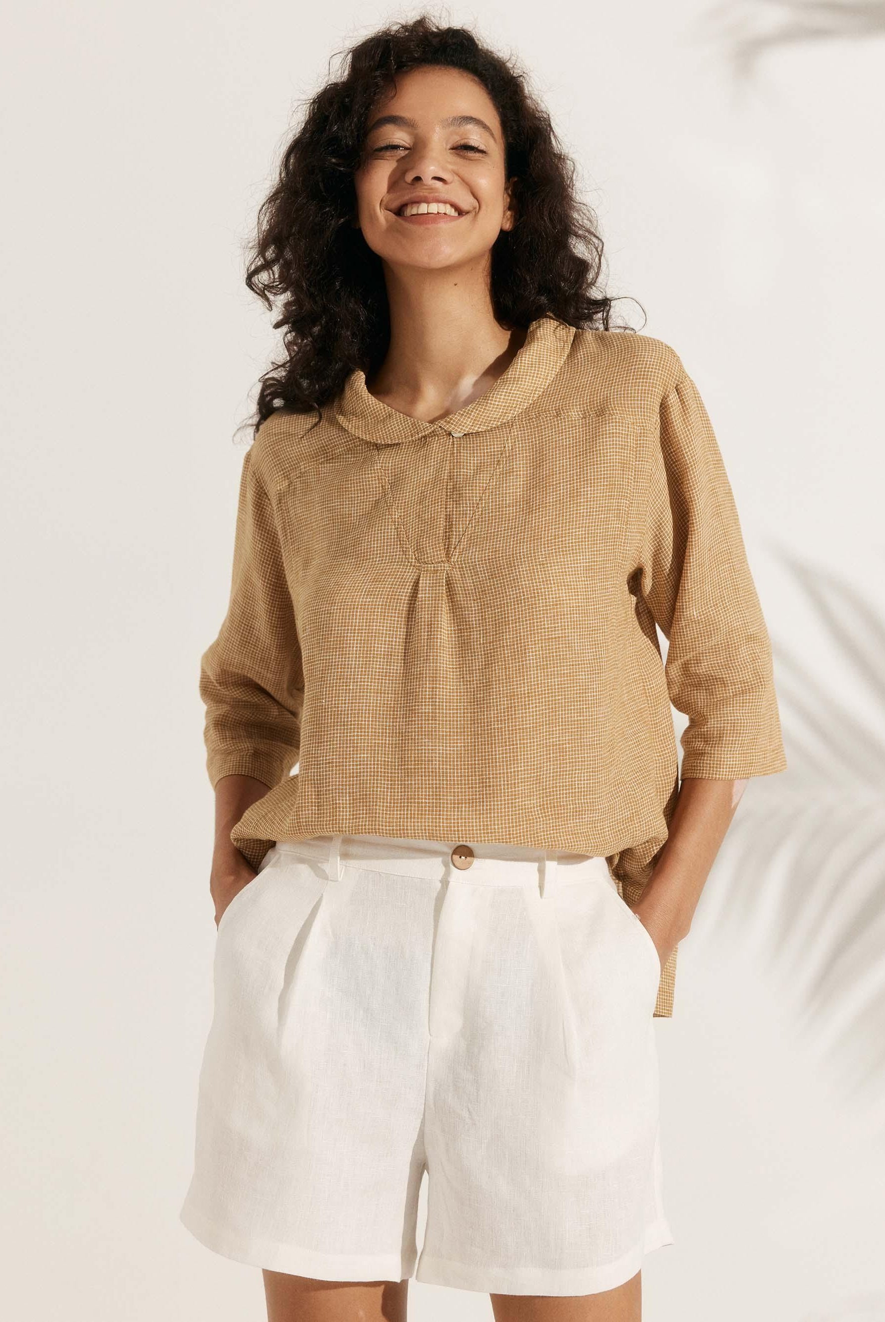 JADE 100% Linen Shawl V-Neck Half Sleeve Top - Sand / XS - TOPS-Linen Blouses