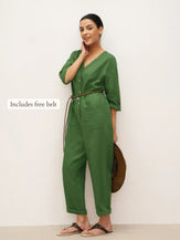 100% Linen Deep V-Neck Oversized Button-Front Jumpsuit LINDEN-with Belt - sets & jumpsuits