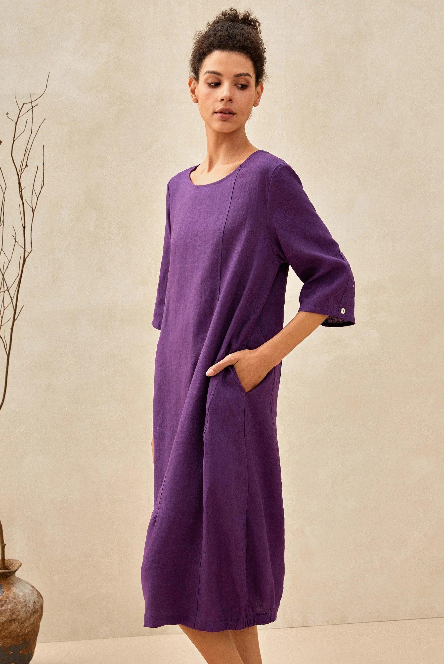 100% Linen Collarless Mid-Length Dress SOFIA - DRESSES-Linen Midi