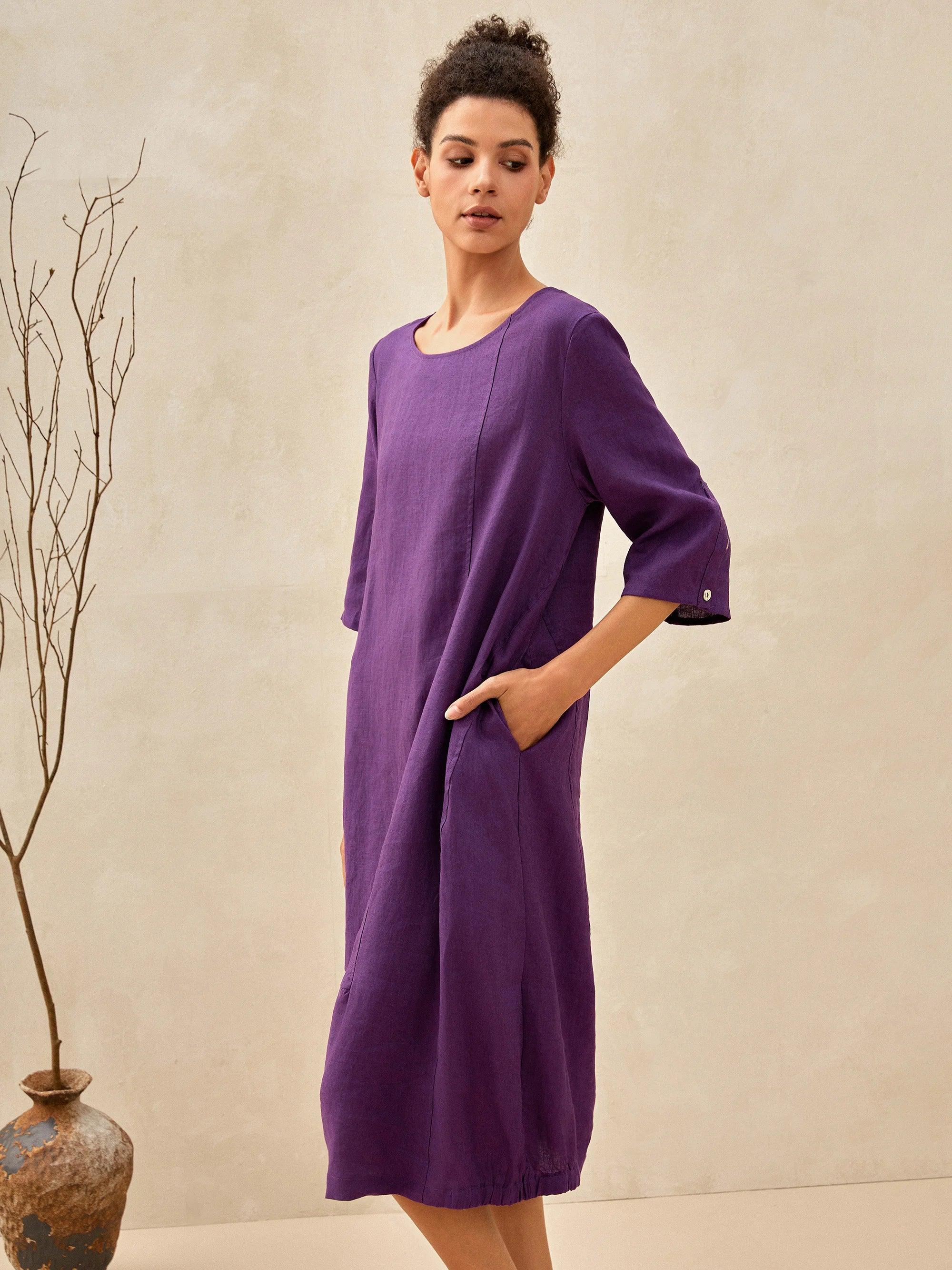 100% Linen Collarless Mid-Length Dress SOFIA - DRESSES-Linen Midi