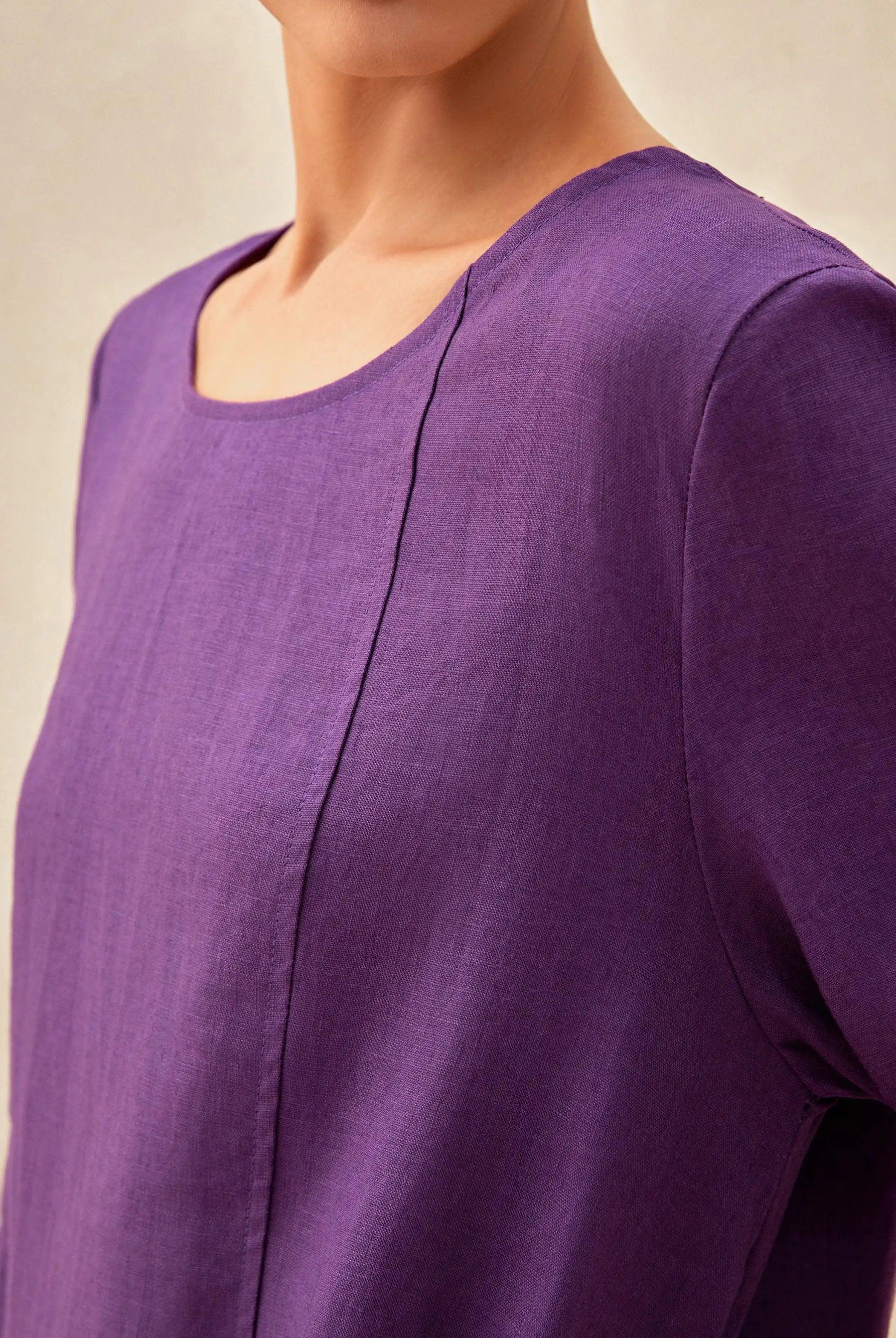 100% Linen Collarless Mid-Length Dress SOFIA - DRESSES-Linen Midi