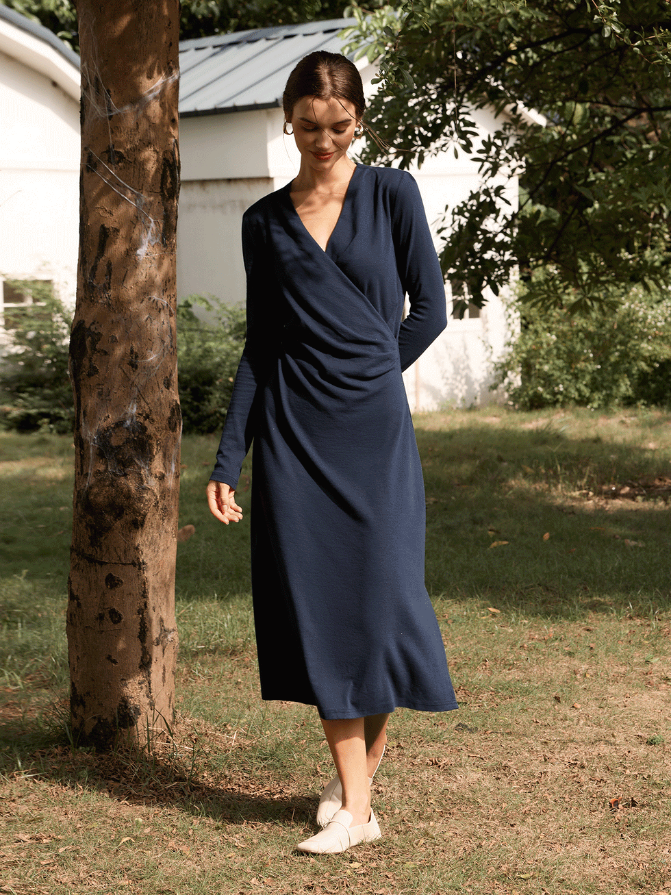 Crossover V-Neck Wrap Stretch Midi Dress MARNIE by LINTICO for women