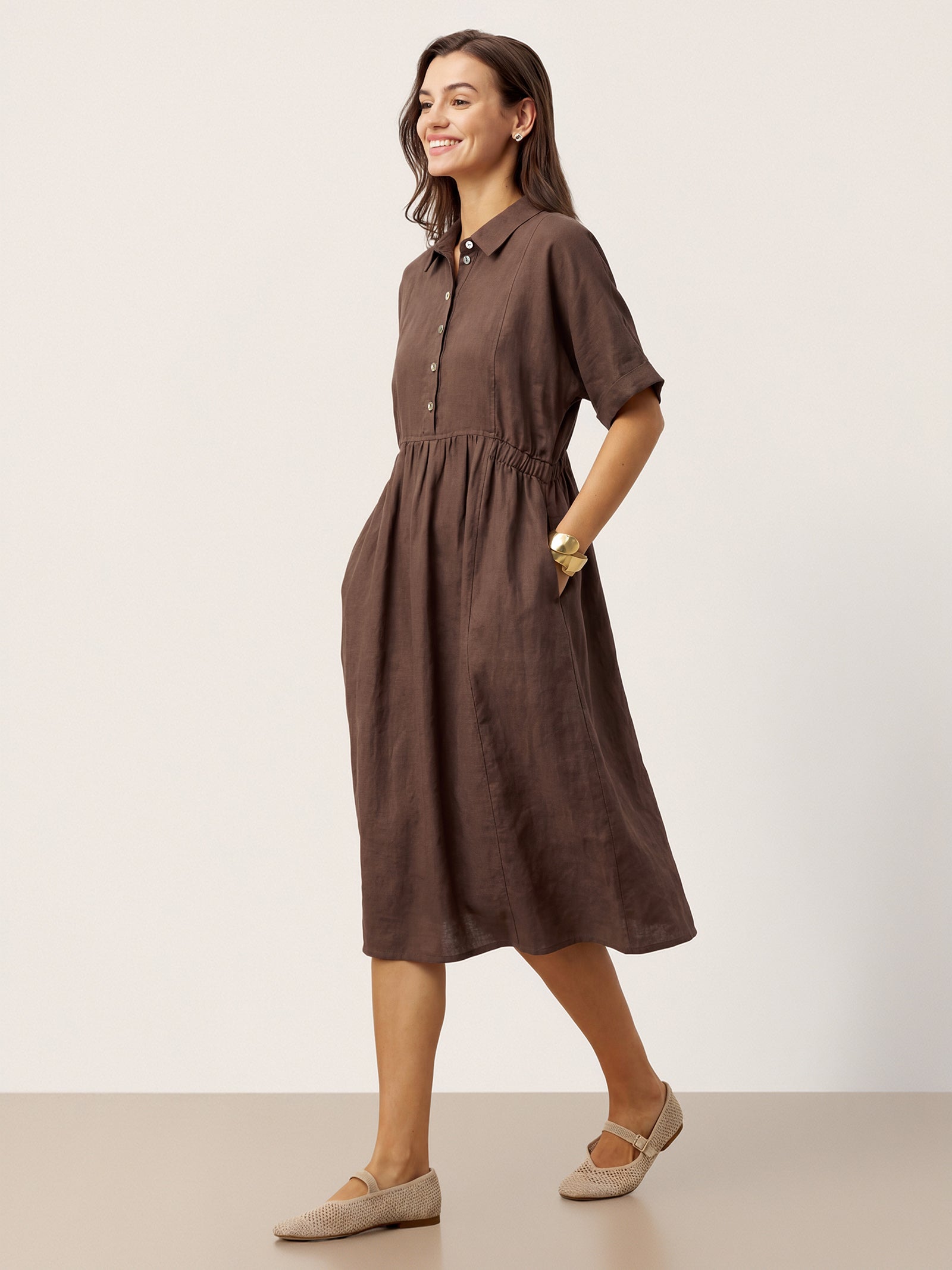 100% Linen Striped Buttoned Front Short Sleeve Midi Shirt Dress CASSANDRA by LINTICO for women