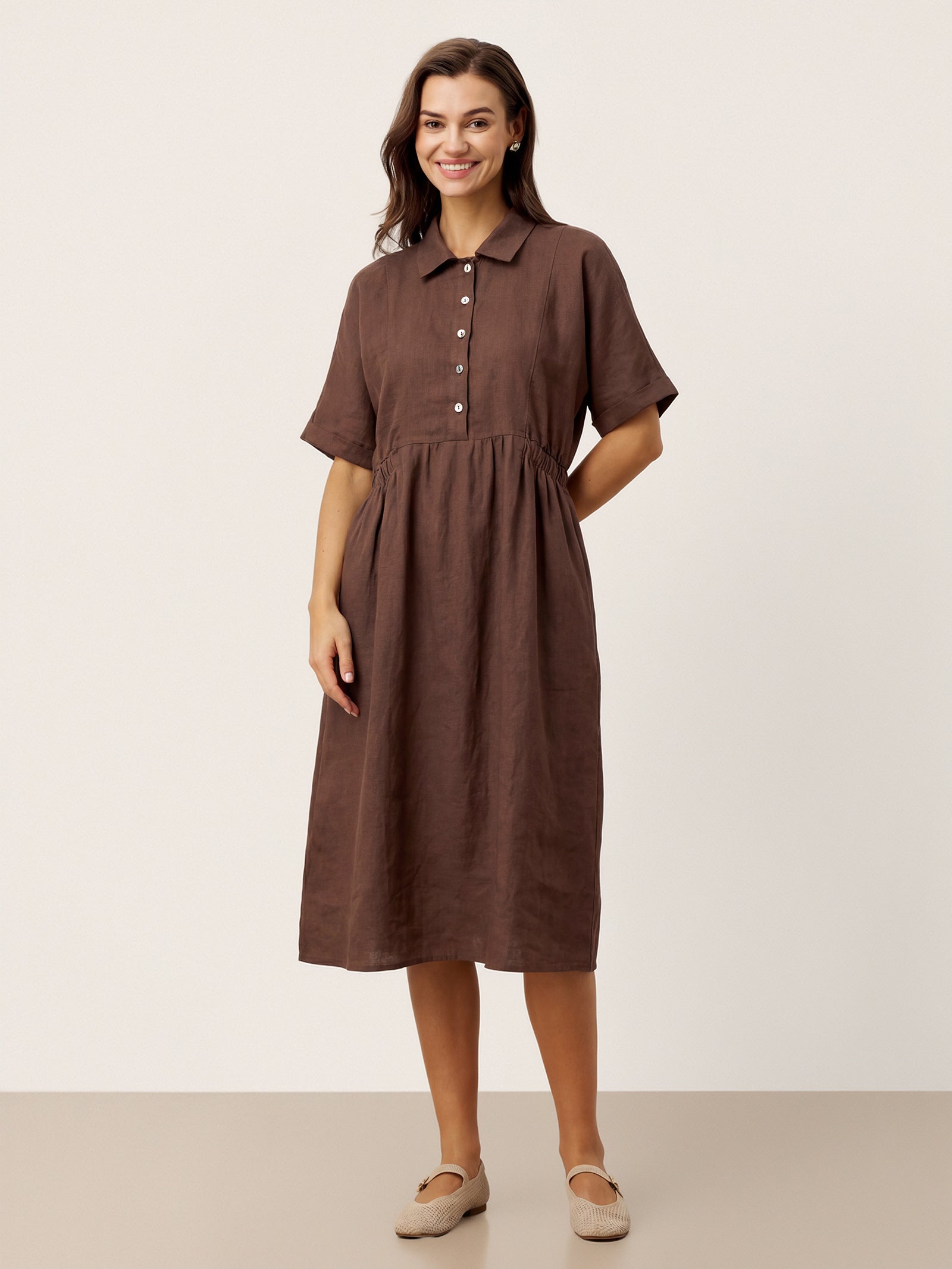 100% Linen Striped Buttoned Front Short Sleeve Midi Shirt Dress CASSANDRA by LINTICO for women