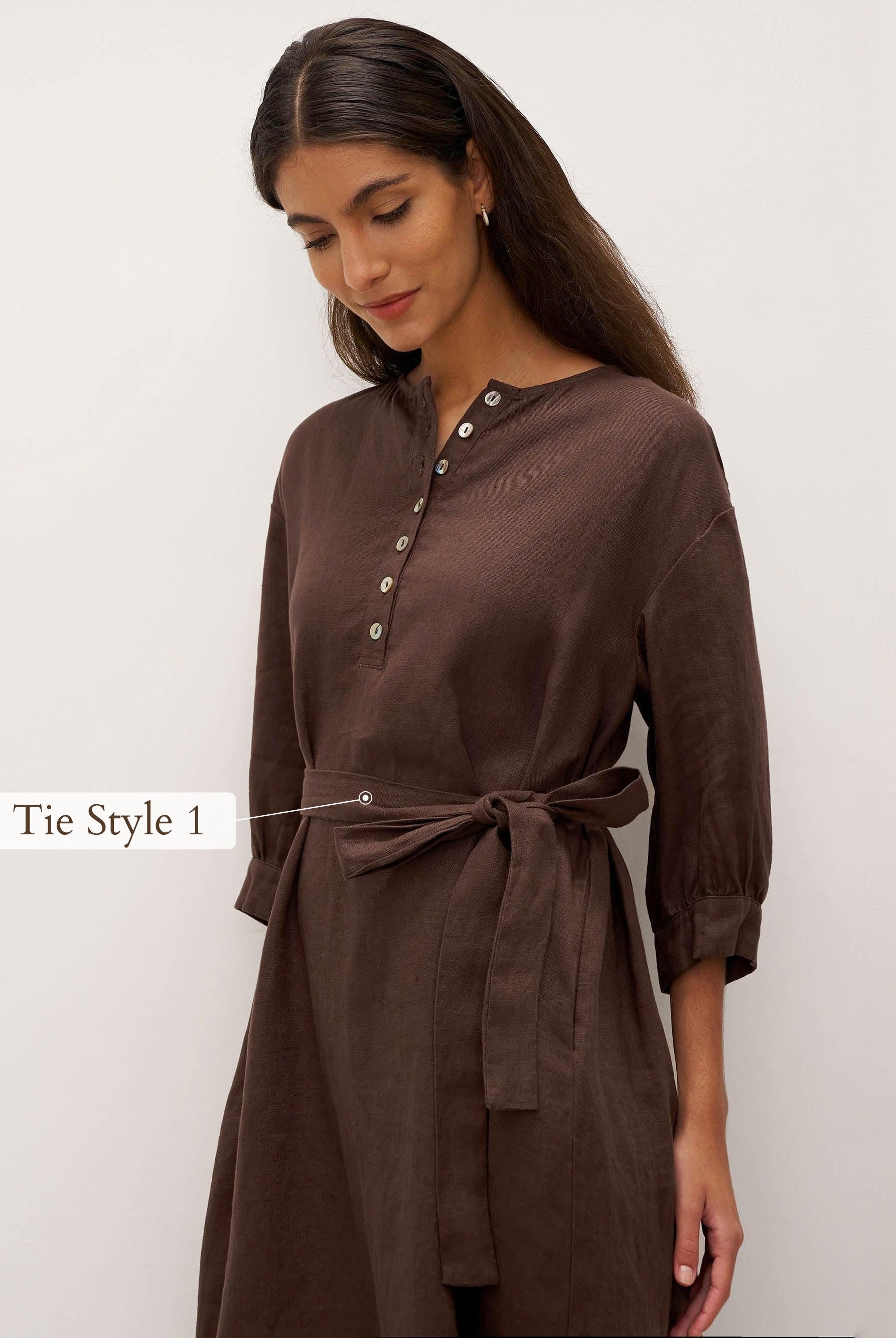 100% Linen Button Detail Midi Dress with Detachable Belt EIRA - DRESSES-Linen