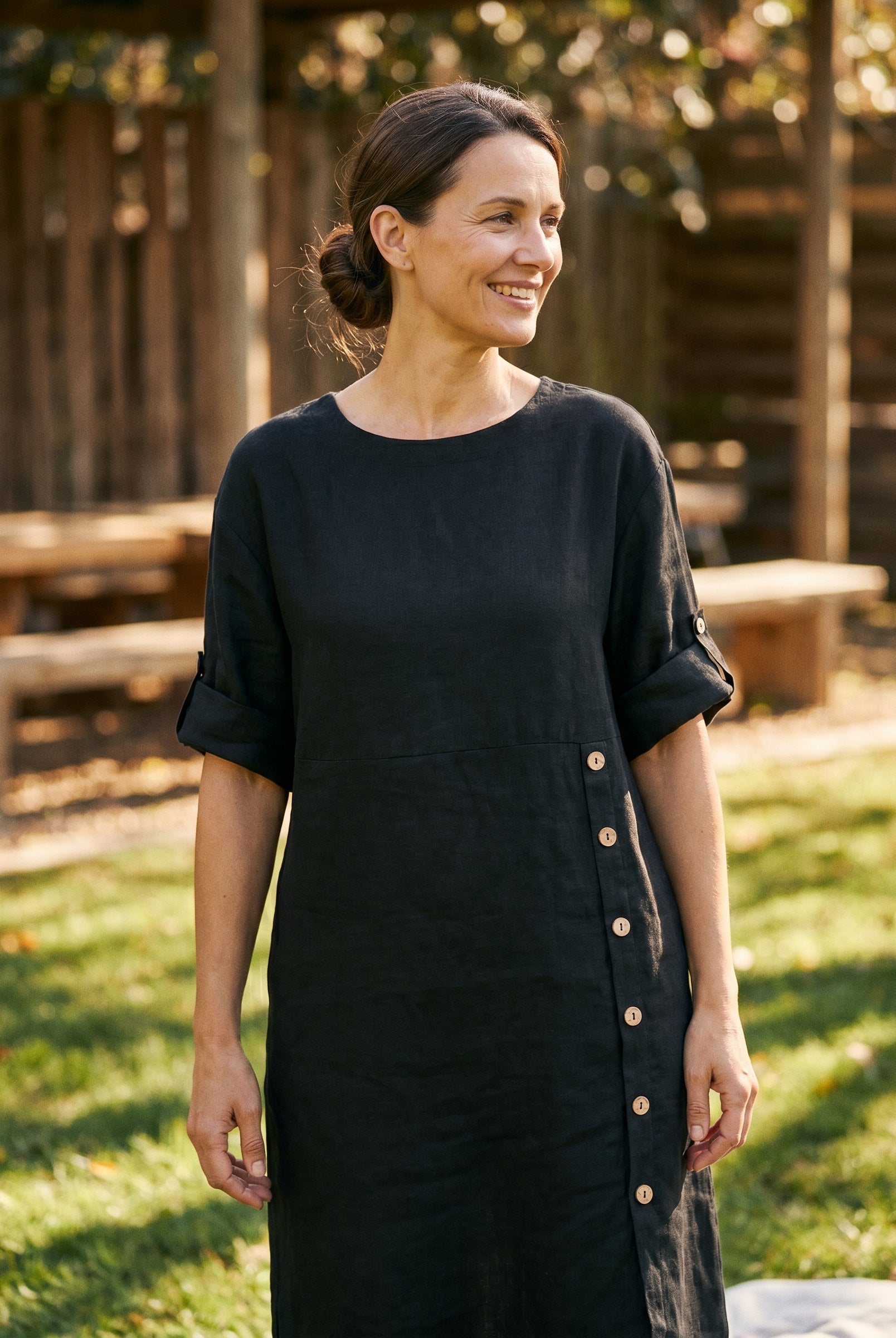 100% Linen Round Neck Button Detail Midi Dress JELENA by LINTICO for women