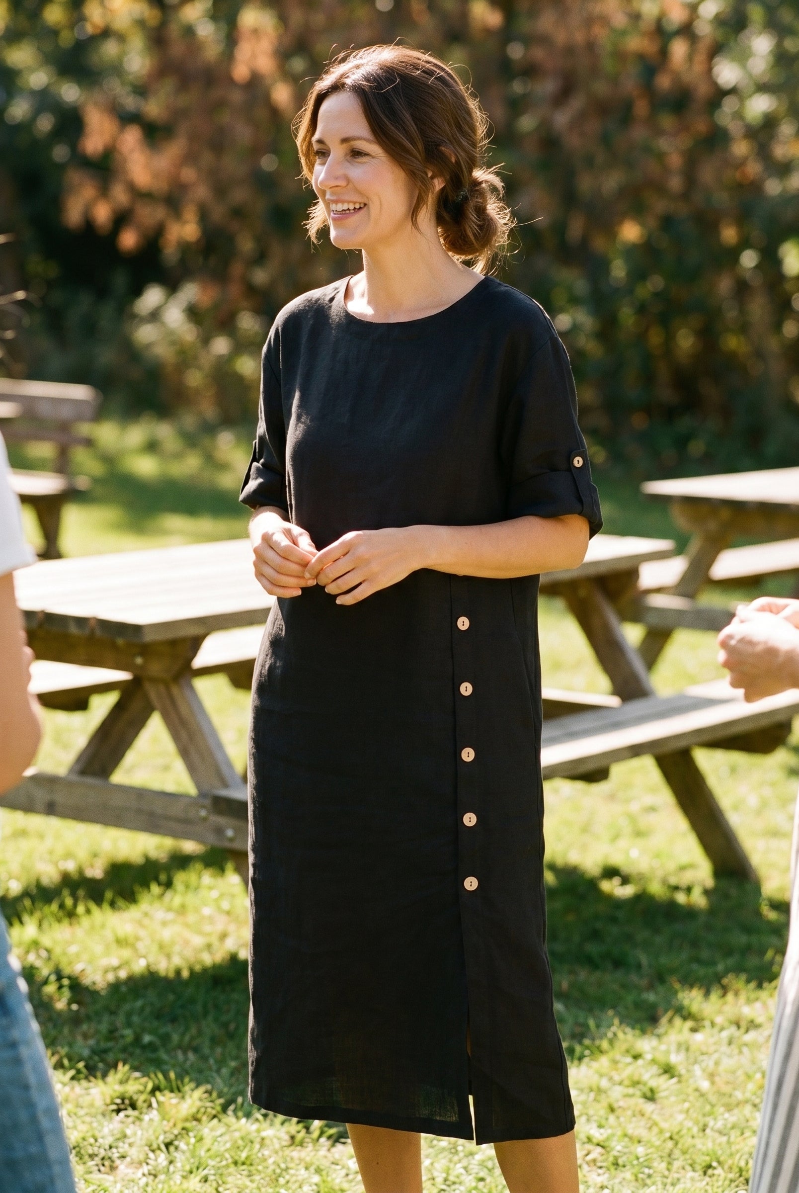 100% Linen Round Neck Button Detail Midi Dress JELENA by LINTICO for women