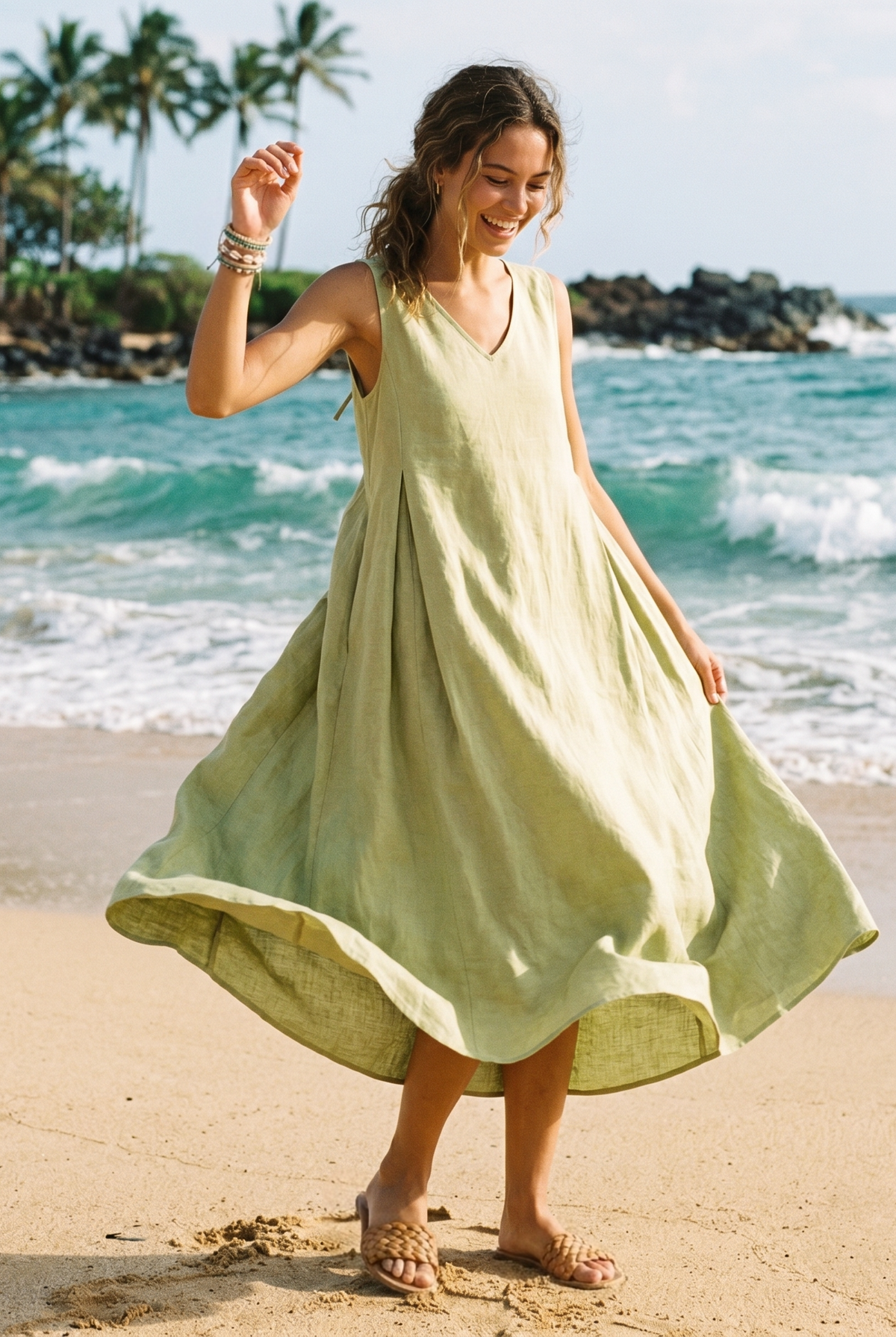 100% Linen Sleeveless A-Line Midi Dress TARA by LINTICO for women