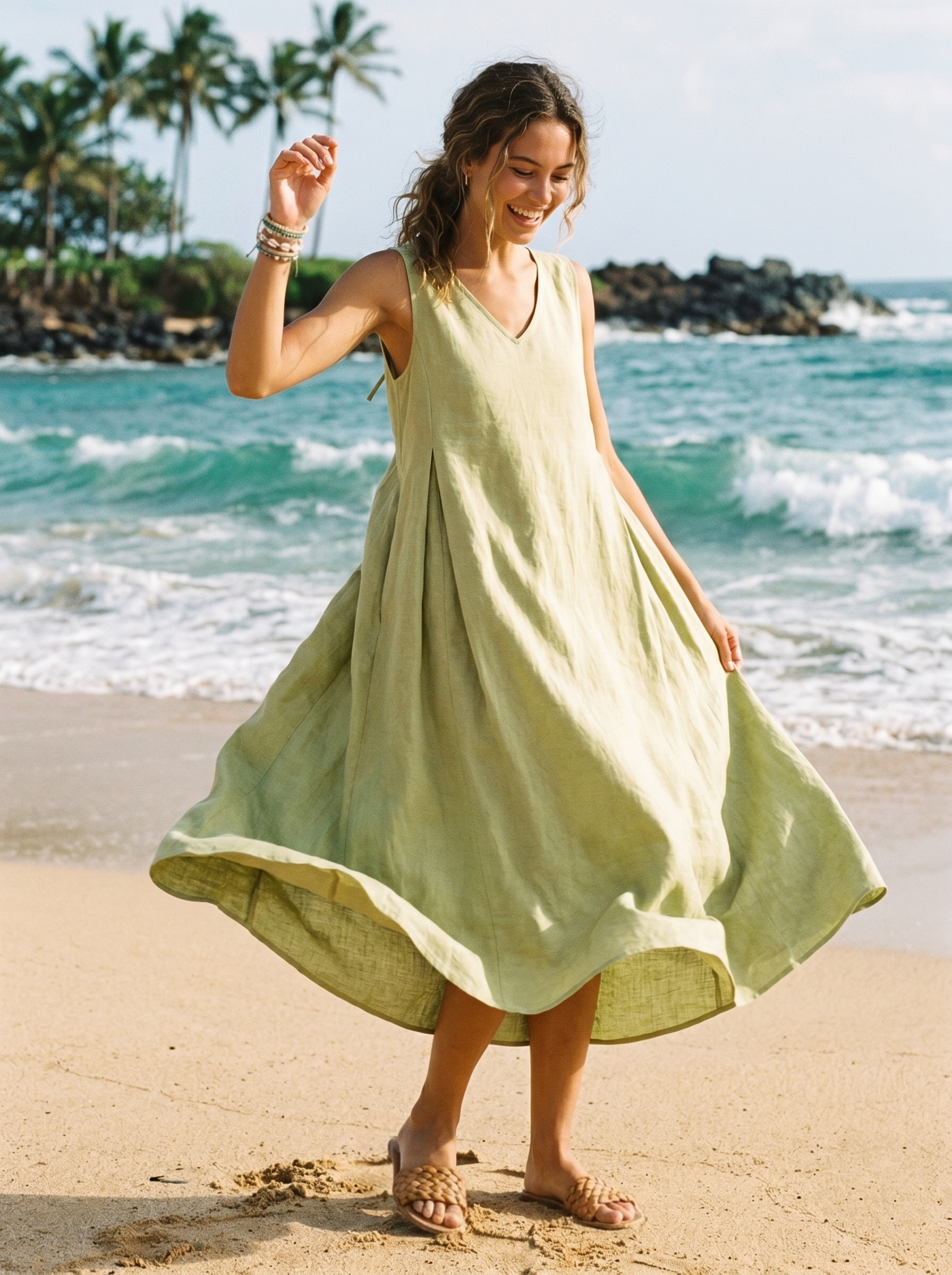 100% Linen Sleeveless A-Line Midi Dress TARA by LINTICO for women
