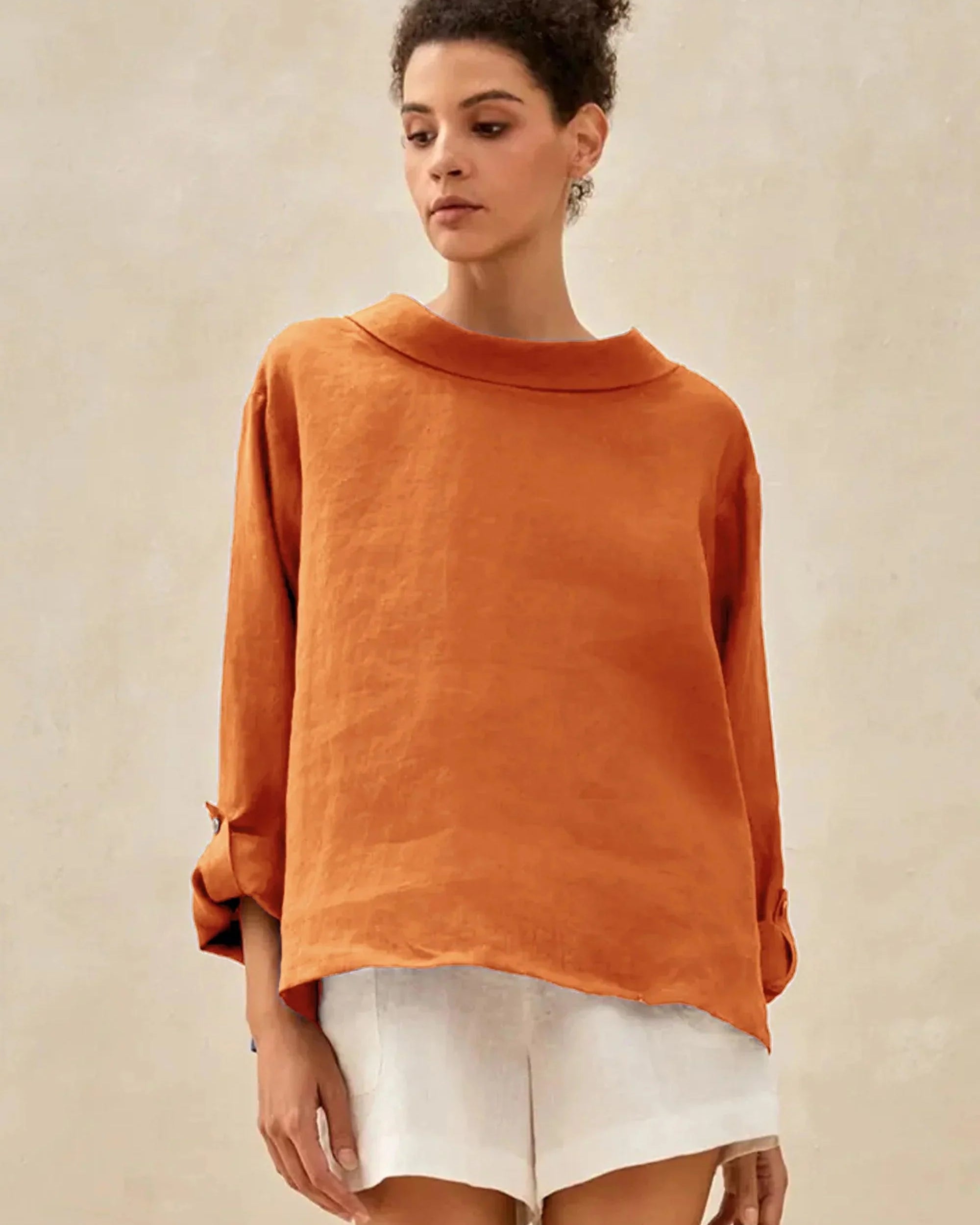 100% Linen Draped Neck Top HOLLIS - Sun Orange / S - TOPS-Linen Blouses