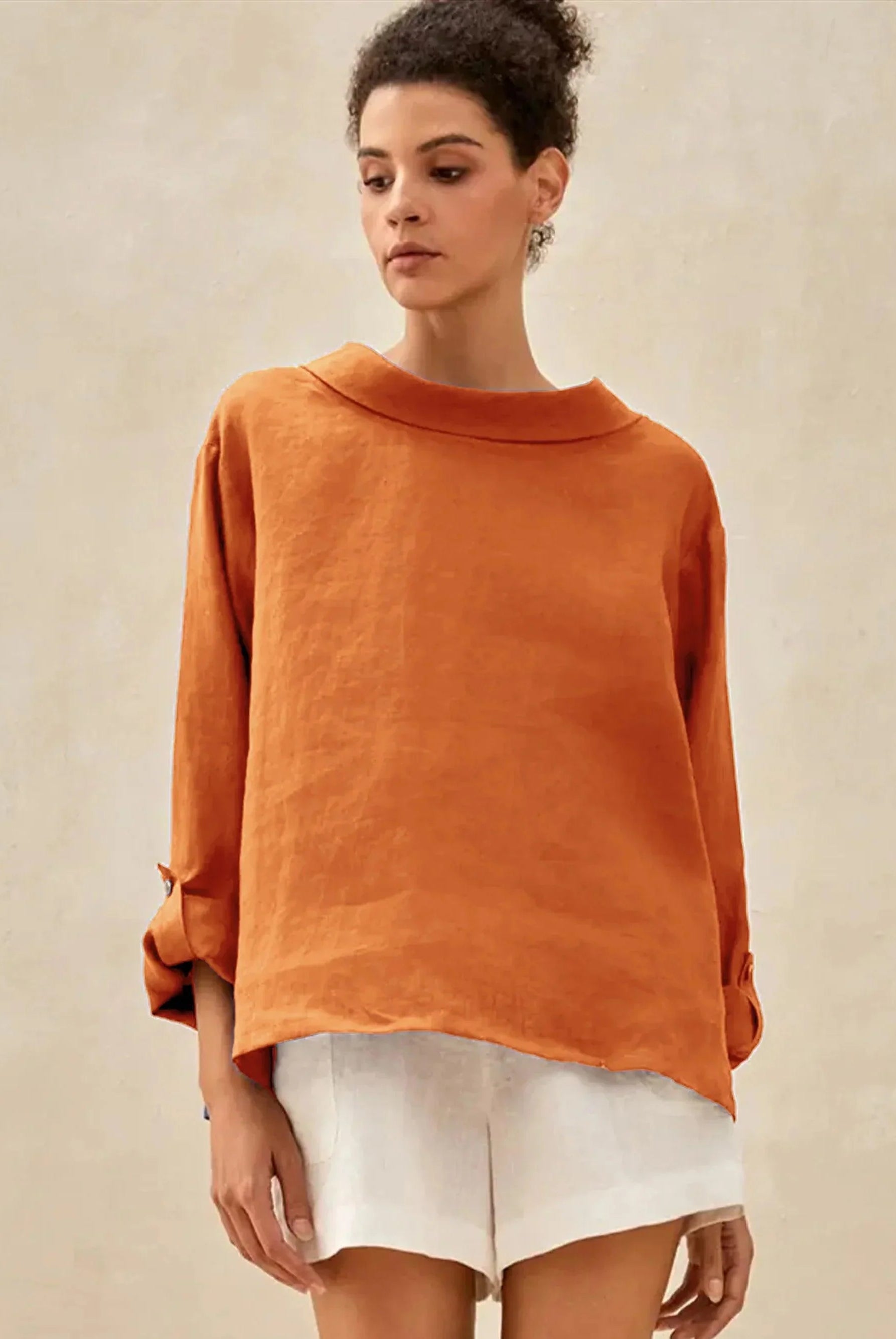 100% Linen Draped Neck Top HOLLIS - Sun Orange / S - TOPS-Linen Blouses