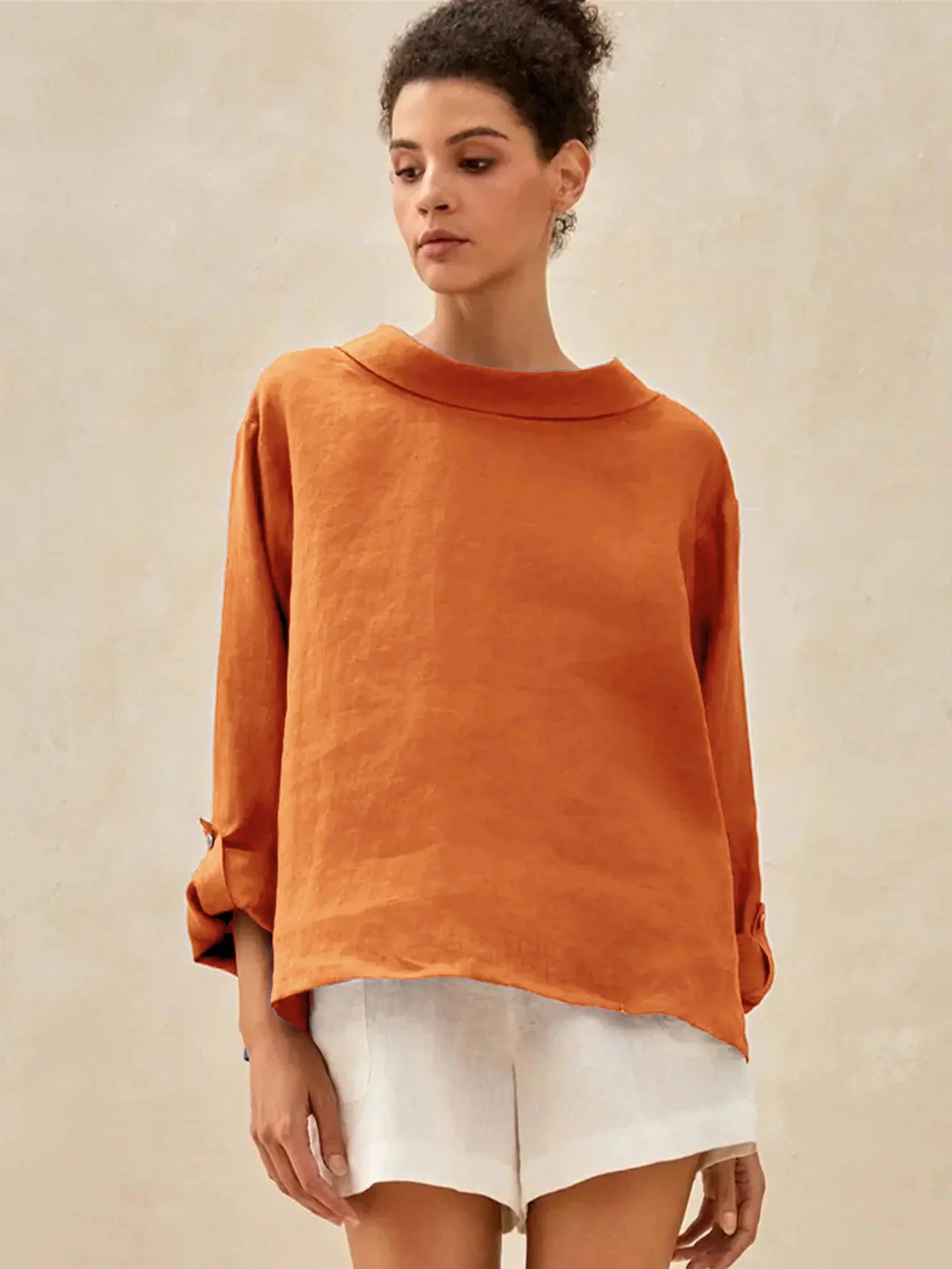 100% Linen Draped Neck Top HOLLIS - Sun Orange / S - TOPS-Linen Blouses