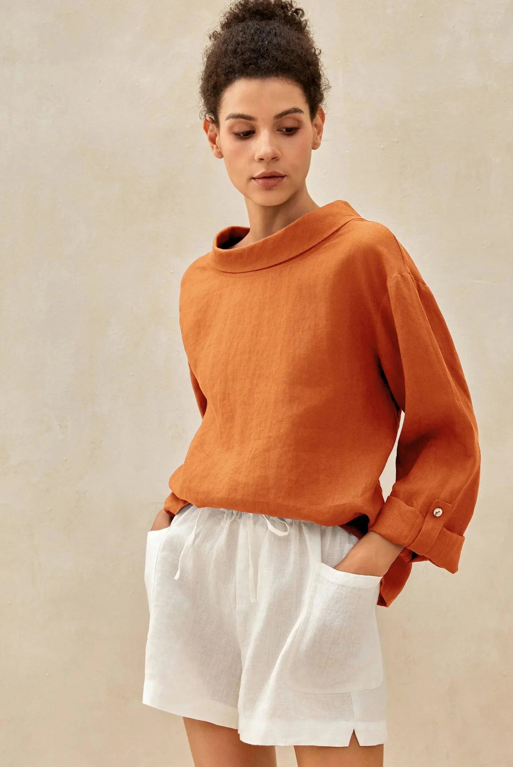 100% Linen Draped Neck Top HOLLIS - TOPS-Linen Blouses