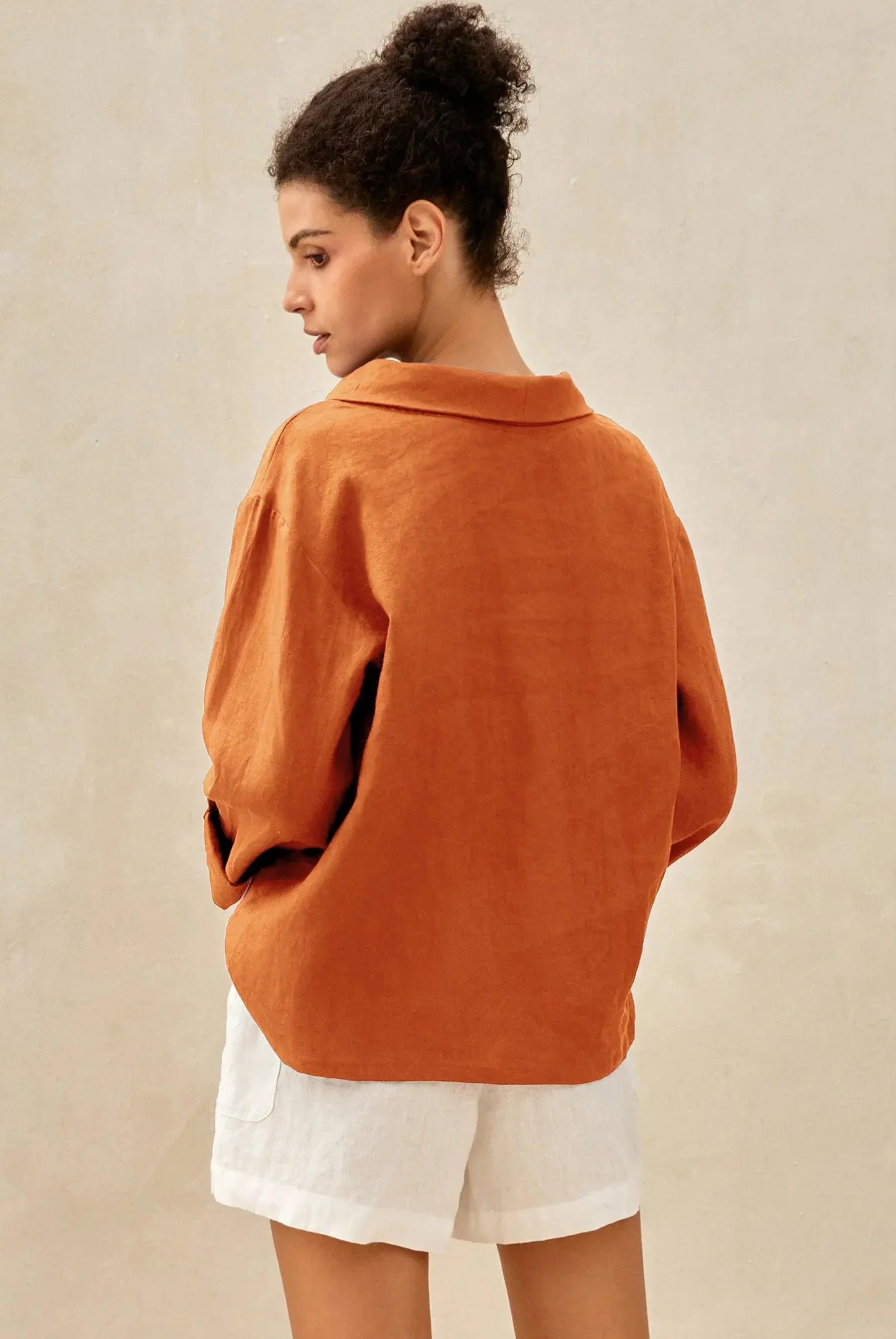 100% Linen Draped Neck Top HOLLIS - TOPS-Linen Blouses