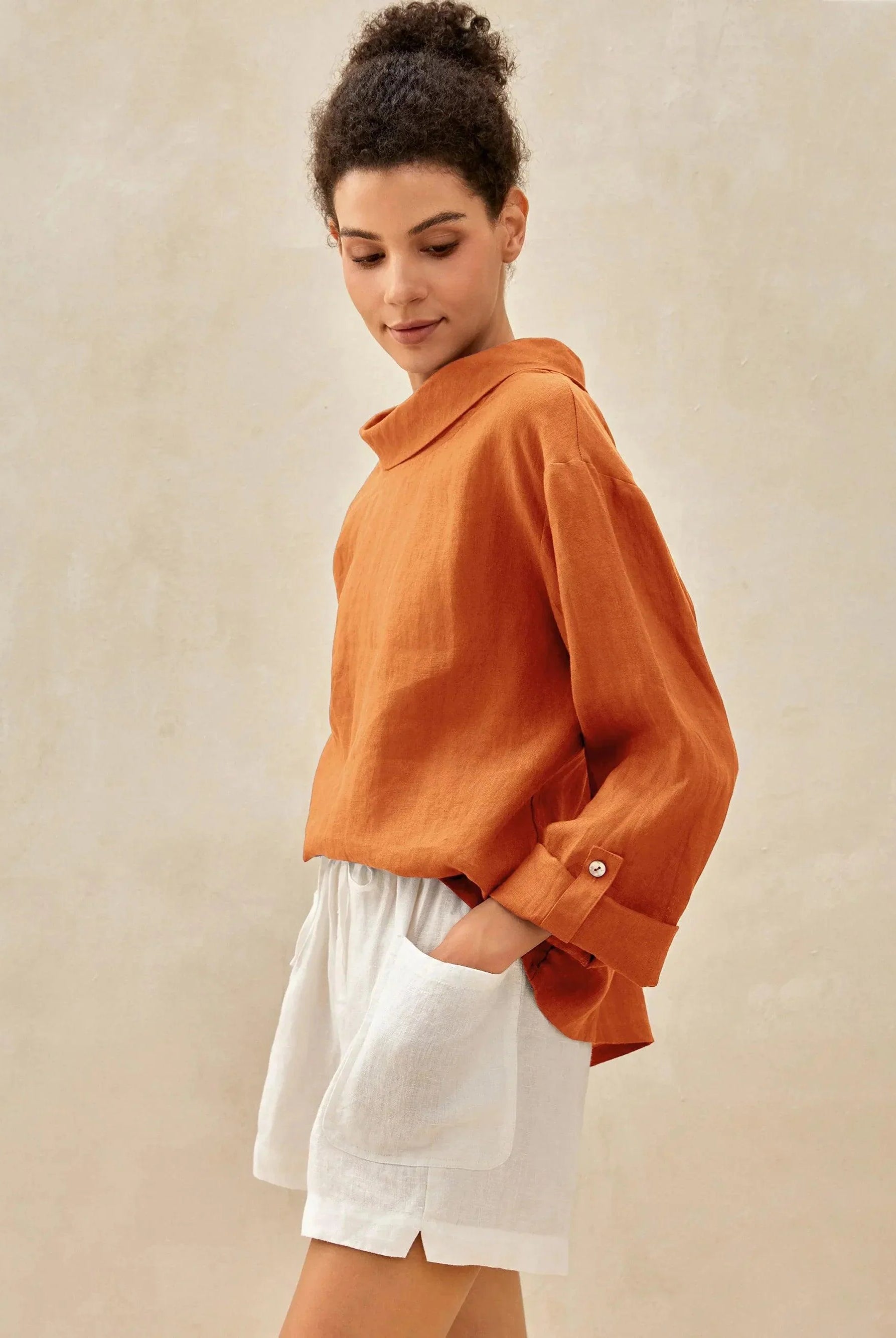100% Linen Draped Neck Top HOLLIS - TOPS-Linen Blouses