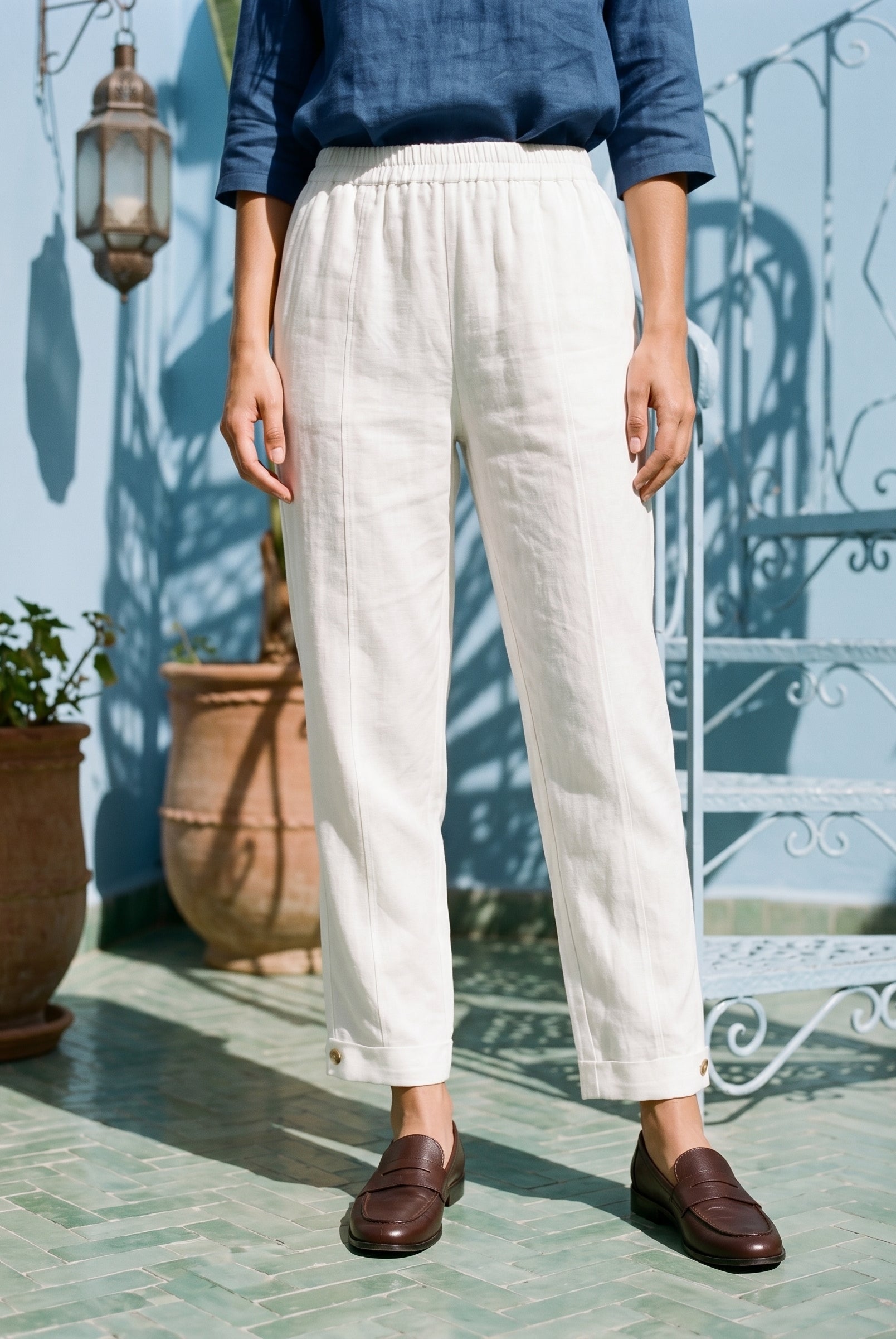100% Linen Straight-Leg Pants with Elastic Waist PATRICE by LINTICO for women