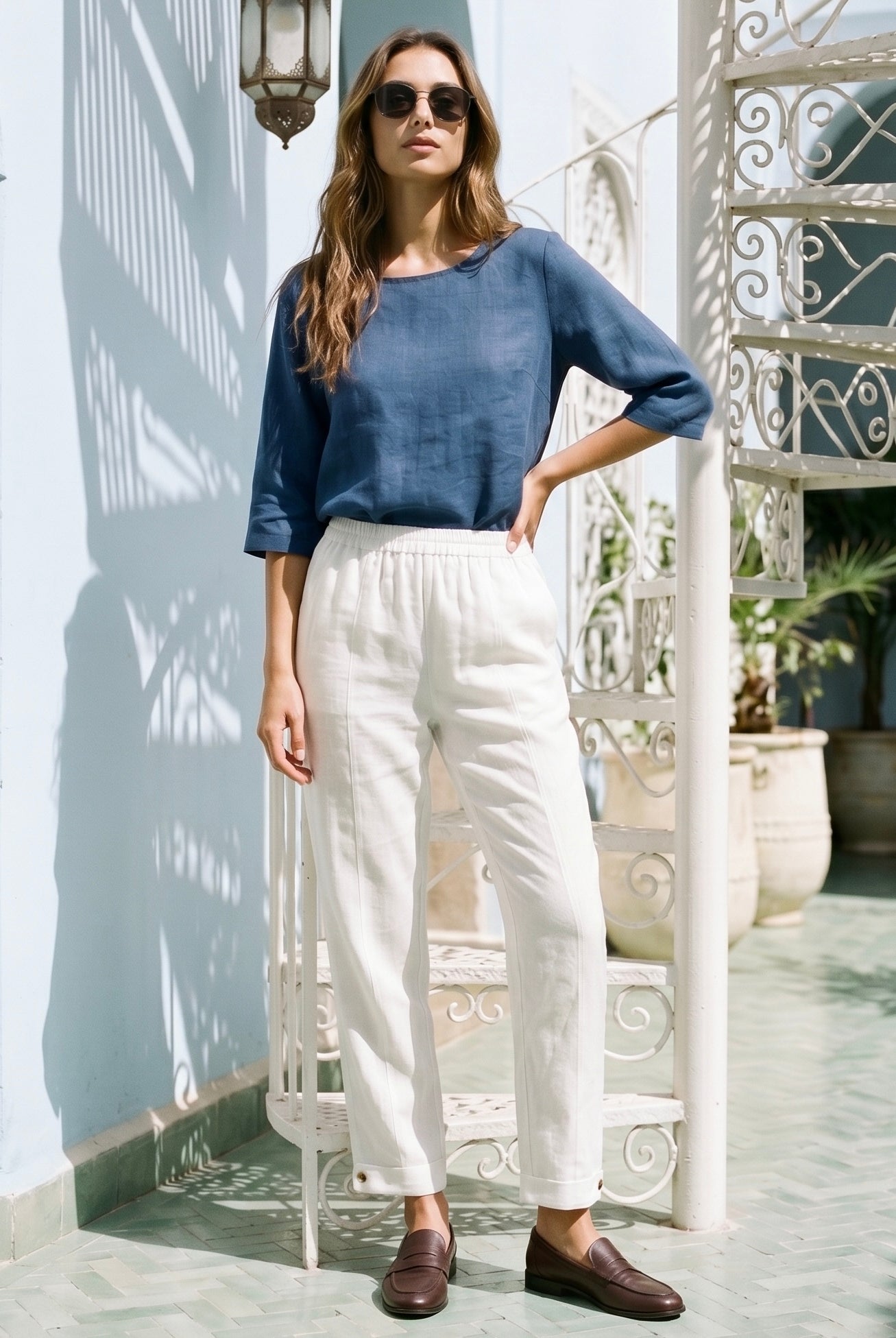 100% Linen Straight-Leg Pants with Elastic Waist PATRICE by LINTICO for women