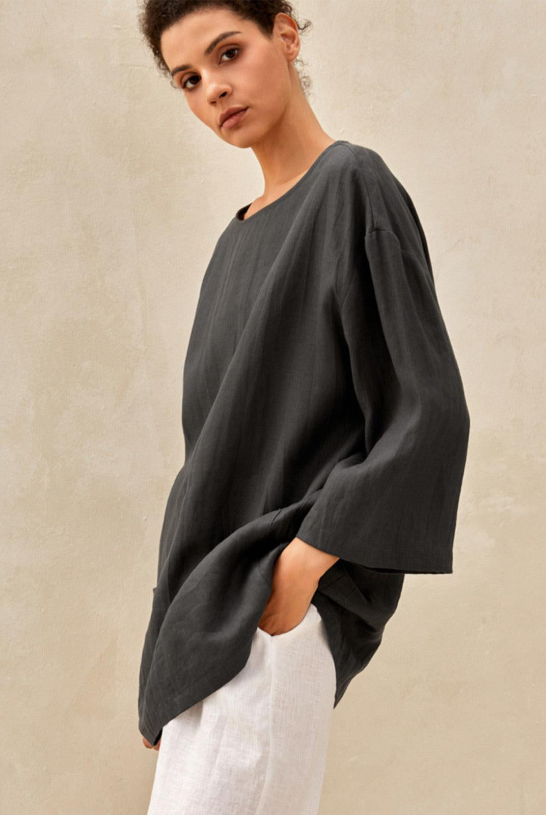 100% Linen Loose Long Shirt LILY - TOPS-Linen Tunics