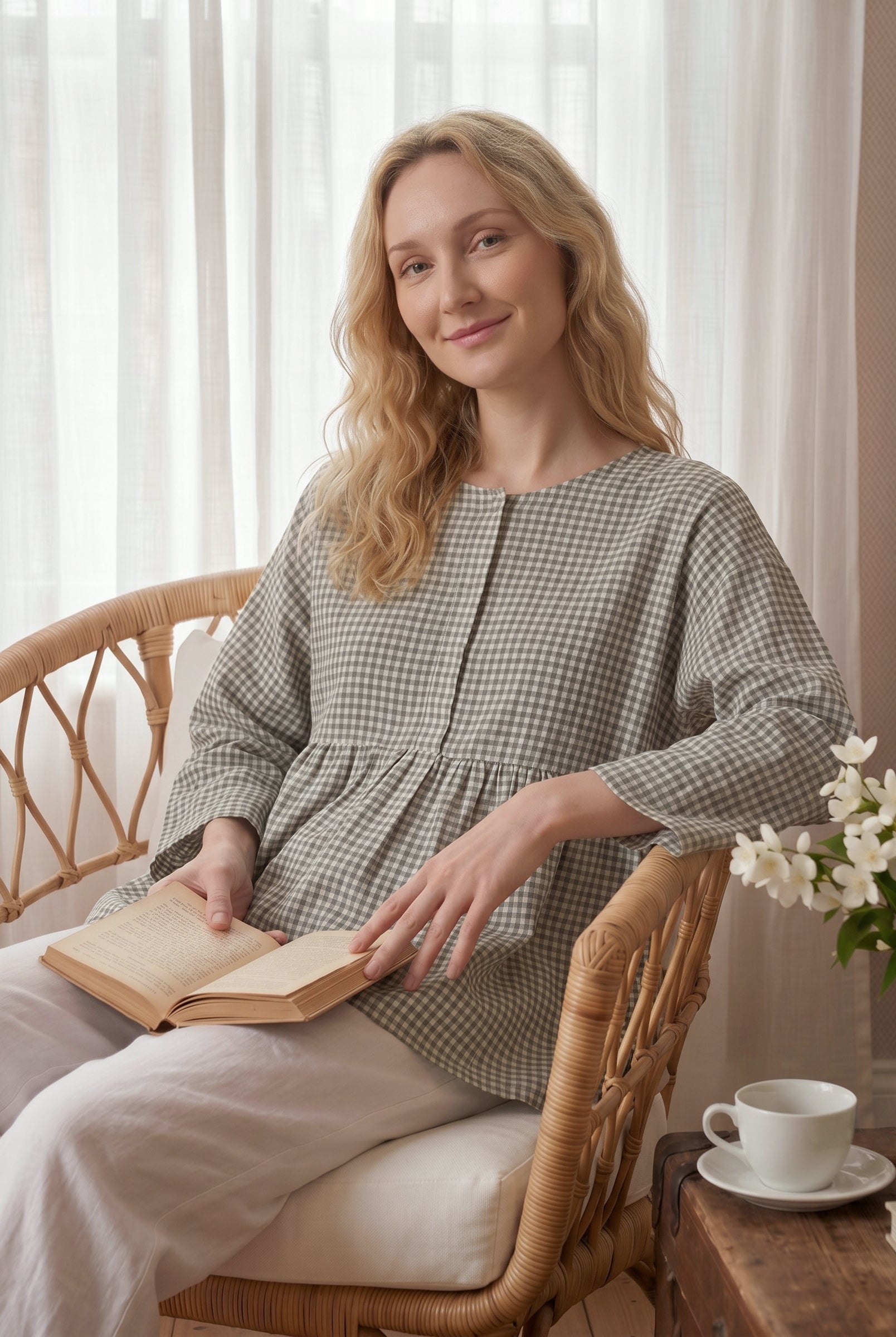 Linen Checked Long-Sleeved Top CAROLINE by LINTICO for women