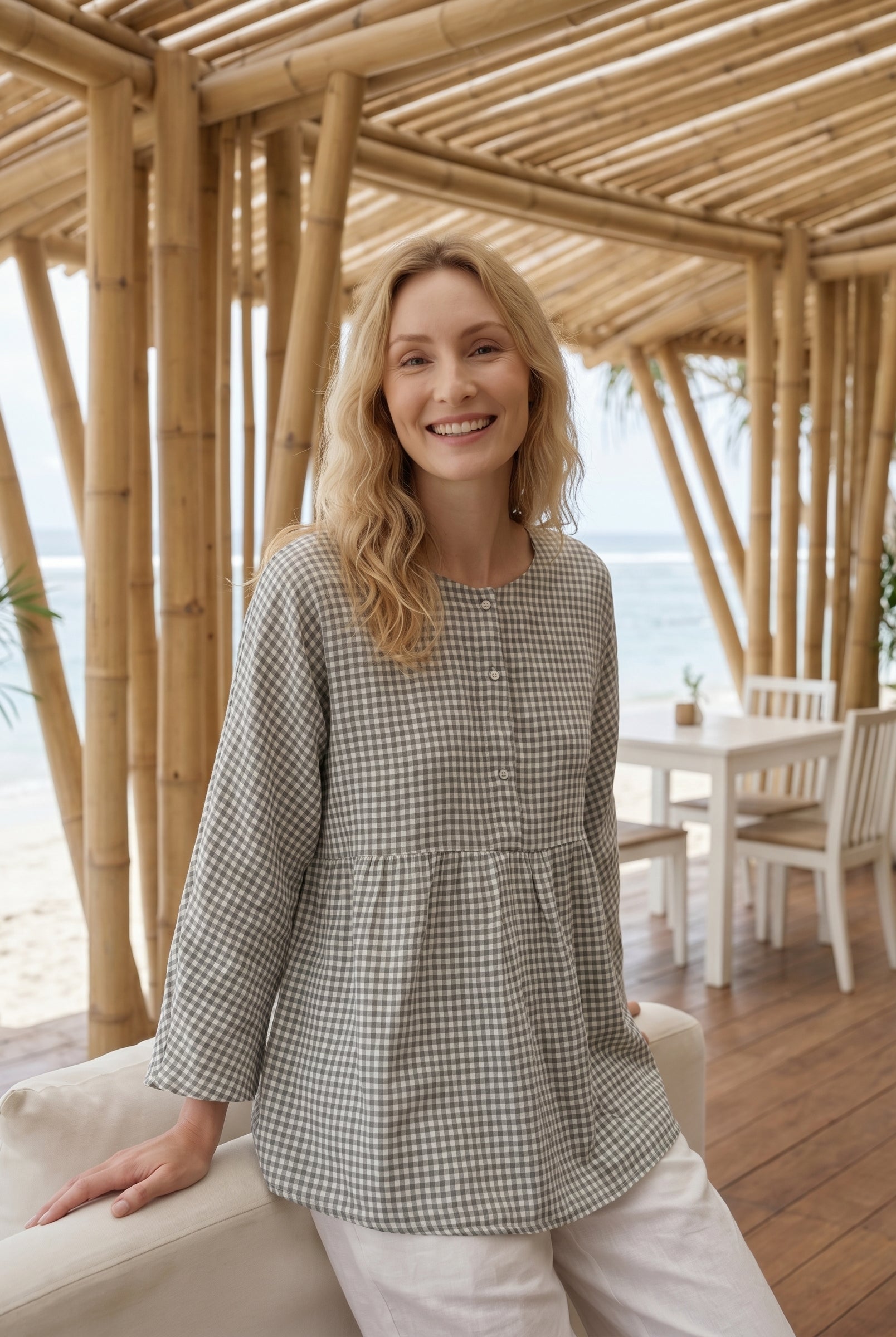 Linen Checked Long-Sleeved Top CAROLINE by LINTICO for women