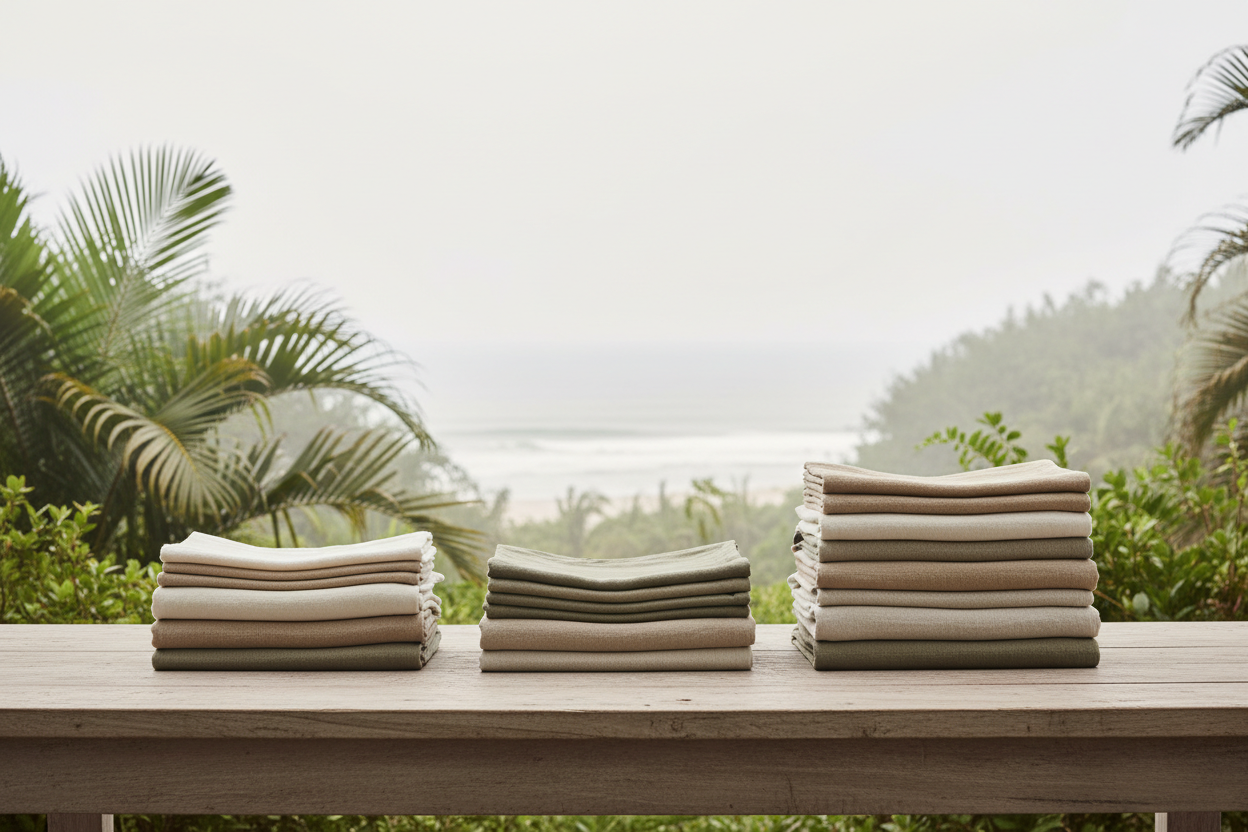 Natural flax linen on a shaded veranda in hot and humid weather