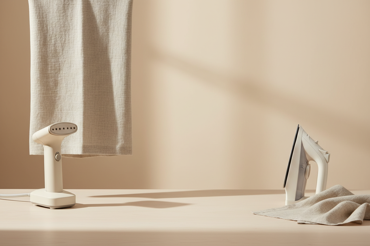 Minimal linen care still life comparing a garment steamer and iron