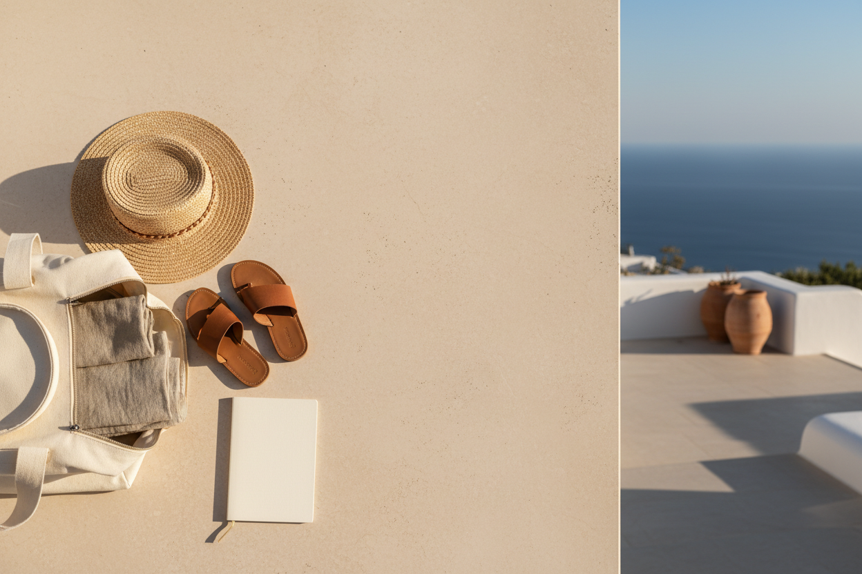 Minimal Mediterranean travel still life with an open canvas suitcase and natural linen