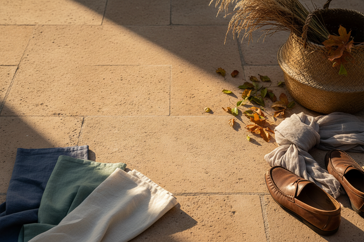 Folded blue and green linen, a light scarf, brown loafers, and changing leaves on a sunlit stone terrace
