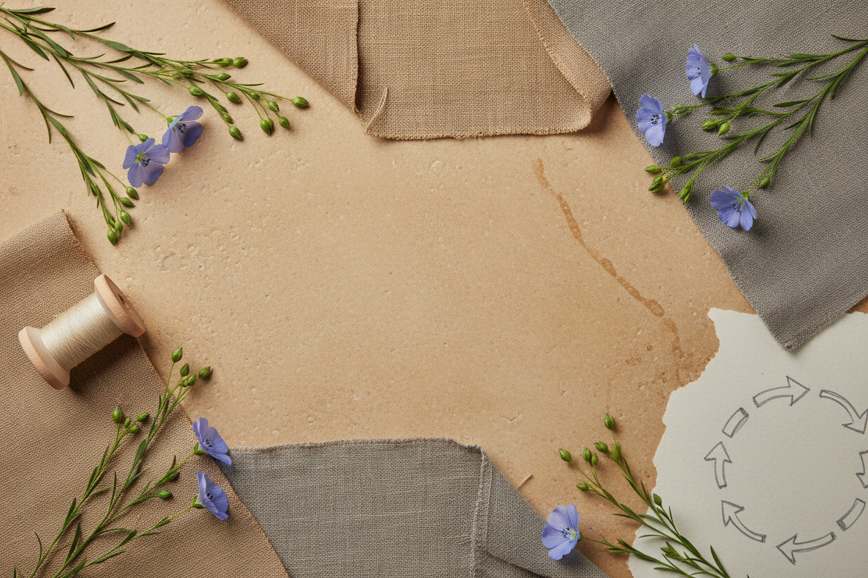Flax flowers, natural linen swatches, thread, a mended seam, and a blank circular lifecycle sketch