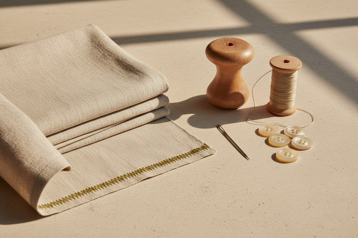 Folded natural linen with mending tools for clothing longevity