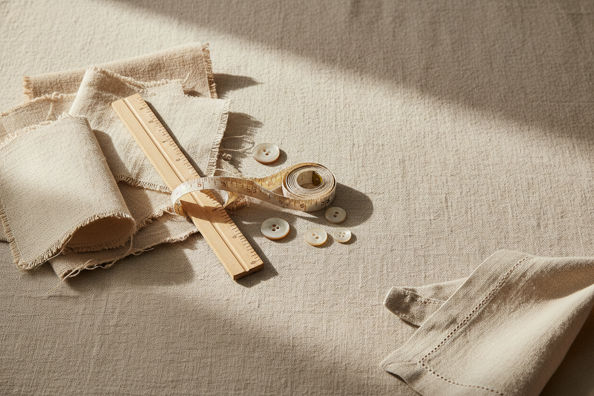 Linen swatches, buttons, ruler, and measuring tape for clothing design details