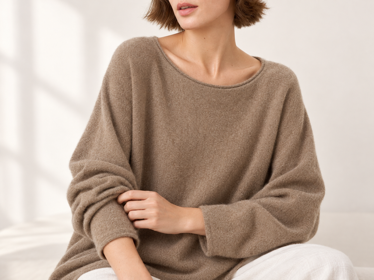 Pure cashmere layer worn comfortably through the day