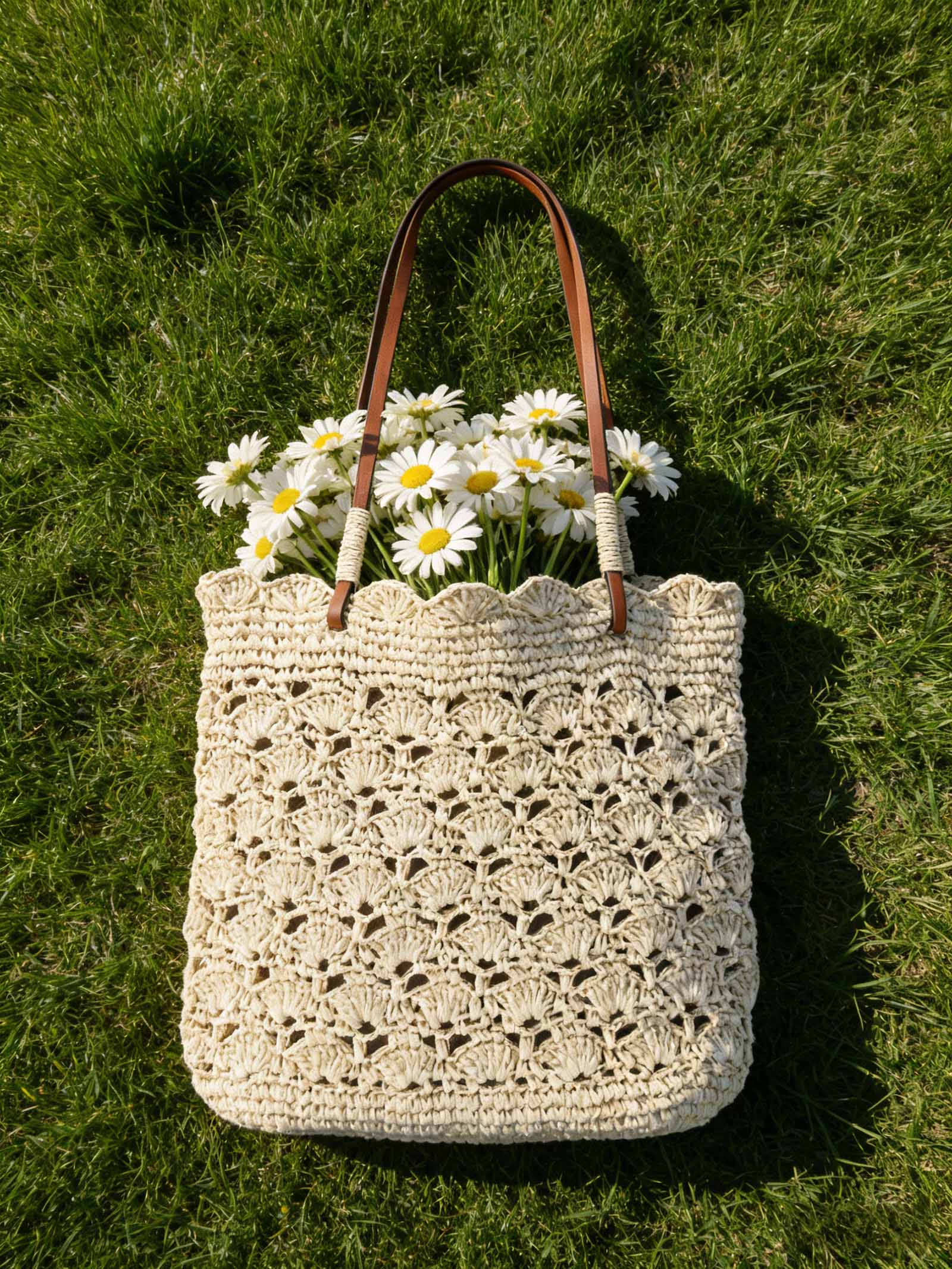 Crochet Woven Fan-Shape Shoulder Tote Bag by LINTICO for women