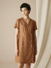 100% Linen V-Neck Double-Breasted Mini Dress COCOA - DRESSES-Linen